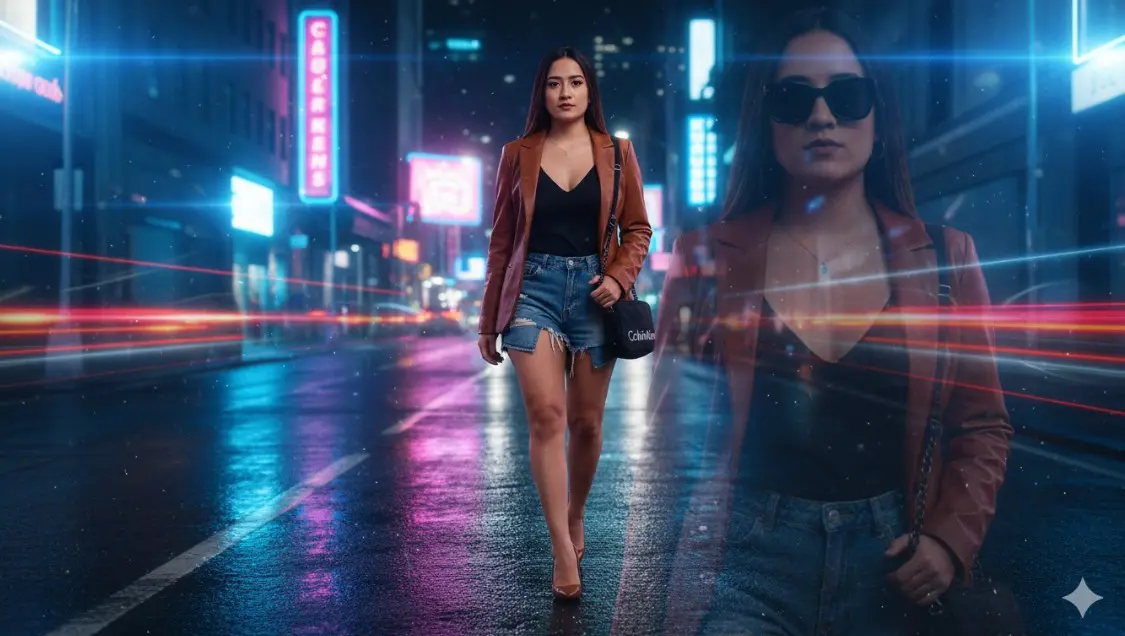 Crear una imagen ultrarrealista, usar la imagen de referencia respetar el aspecto de mi rostro y mi cuerpo, Una mujer elegante vestida con un llamativo blazer de cuero café, una camiseta con cuello en V pronunciado de tirantes, mini shorts jean razgados y tacones de aguja café, camina con seguridad por una calle nocturna mojada e iluminada con luces de neón. Lleva una cartera calvin Klein. La escena está iluminada por los brillantes letreros de neón azules y rosas que se reflejan en el pavimento mojado. Al fondo de la imagen, una silueta sutil, borrosa y desaturada de la mujer con grandes gafas de sol negras aparece como una imagen fantasmal del tamaño mediano, casi fundiéndose con las estelas de luz urbana. Estética cinematográfica y ciberpunk, iluminación dramática de claroscuro, profundidad de campo, alto contraste, atmósfera de noche lluviosa.