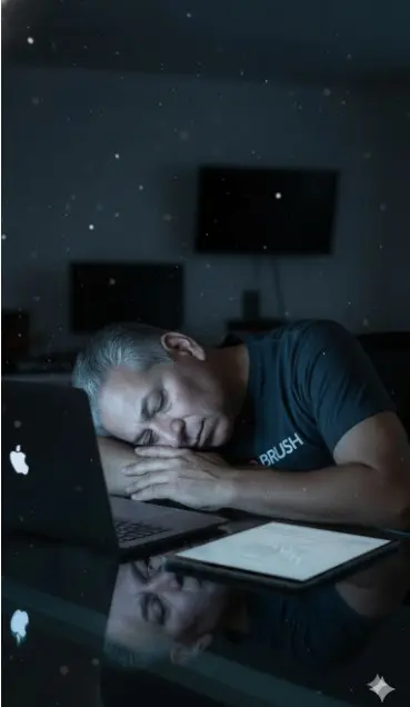 Crea una imagen usando la imagen adjunta (sin editar). Lleva una camiseta con el estampado.
CEPILLO MENTAL.
Está cansado y profundamente dormido sobre la mesa con su portátil Apple abierto; muestra la luz del iPad iluminando la habitación en penumbra

. Hazla más realista. Tomada desde un ángulo lateral dramático; detalles faciales nítidos con luz arremolinada en profundidad cinematográfica; suaves reflejos blancos, luz suave de relleno. Tomada con una Canon EOS R5 con un objetivo de 35 mm f/1.4, grano fino, aspecto desaturado y frío.