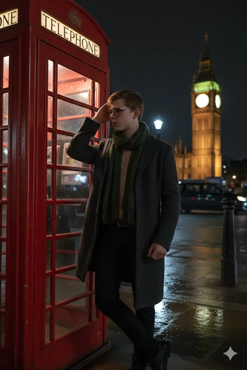 Hyperrealistic cinematic night photograph on a London street. Using the reference image as a STRICT AND NON-NEGOTIABLE source, preserve the EXACT likeness, facial structure, body proportions, and natural hair of the person.
The person stands beside a traditional red British telephone booth. They are in a spontaneous, contemplative pose: one hand is raised, touching their head or hair, their body is slightly turned towards the booth, and their gaze is directed away from the camera.
They wear dark, sober clothing: a long coat, black trousers, and a scarf that adds texture.
In the background, the illuminated clock face of Big Ben is visible in the upper right of the frame. The pavement is slightly wet, reflecting the ambient light. The scene is lit by a mix of light sources: the warm internal glow from the phone booth casts a soft red light on the person and the ground, while the cooler ambient light from streetlamps and Big Ben fills the rest of the scene.
The composition is a medium shot, slightly tilted upwards to include the tower. The background is softly blurred. The color palette is dominated by dark tones, deep reds, and cool highlights, creating an atmosphere of introspection, nostalgia, and urban solitude.
cinematic, hyperrealistic, 8k, night photography, London, Big Ben, telephone booth, melancholic, introspective, wet pavement, mixed lighting, film noir --v 6.0 --style raw