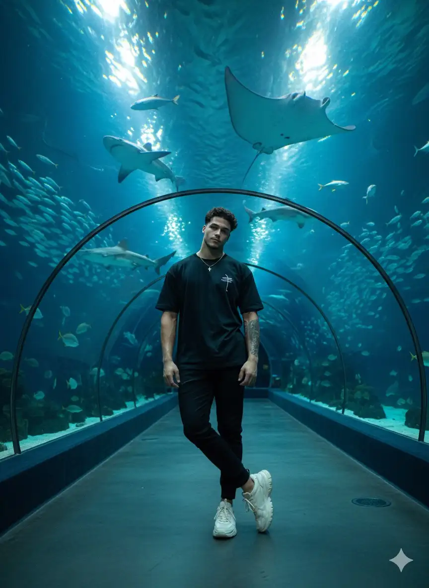 Hyperrealistic cinematic full-body portrait in a massive aquarium tunnel. Using the reference image as a STRICT AND NON-NEGOTIABLE source, preserve the EXACT likeness, facial structure, body proportions, and natural hair of the person.
The subject stands in a relaxed contrapposto pose, leaning their lower back against the immense curved acrylic glass of the tunnel. They wear a slightly oversized black short-sleeve t-shirt with a minimalist white graphic design, slim black jogger pants, and off-white bulky chunky sneakers.
The scene is illuminated almost exclusively by the serene blue glow of the aquarium water, casting dramatic, shifting light patterns that reflect on the person and the tunnel floor. The background is a vast, captivating backdrop of swimming sharks, manta rays, and shimmering schools of fish.
hyperrealistic, cinematic portrait, full-body shot, wide lens, underwater caustics, moody atmosphere, urban style, casual fashion, cinematic lighting --ar 2:3