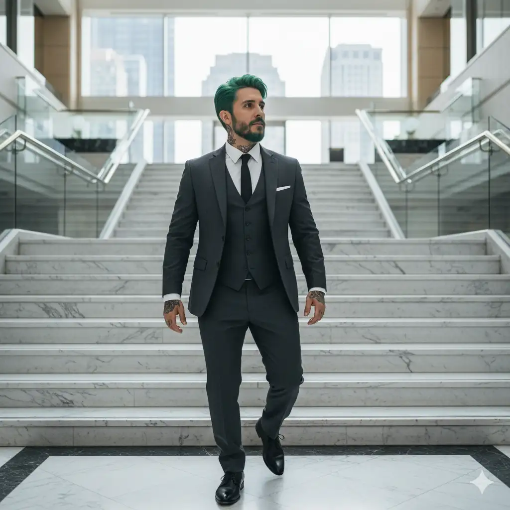Ultra-realistic photo of a person (use the uploaded picture as reference for the face) in a gray suit climbing marble stairs, one foot in the air, confident expression, corporate building background, natural lighting, DSLR quality, 8K UHD, cinematic style. --ar 2:3 --v 6.0 --q 2 --style raw