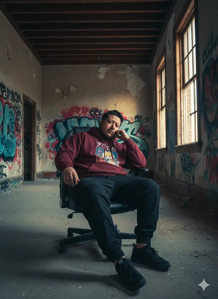 Utiliza la foto como persona principal.

Respeta los rasgos de la persona y mantenlos en alta definicion.

Tipo de foto: profesional, artística, concepto urbano.

Luz: luz de sol de la mañana entra por unos ventanales grandes del lado derecho, haciendo que la aviación se ilumine con tonos cálidos, contrastando con los tonos fríos de las sombras.

Fondo: una casona abandonada de la década de los 40's en México. La casa está vandalizada en la paredes por grafitis, se puede ver el deterioro de la construcción por el paso de los años, la foto muestra un cuarto sucion con mucho polvo y techos altos con vigas de madera. Se puede ver en el fondo que el cuerdo es muy profundo.

Expresión: la persona ve fijamente a la cámara con una expresión desafiante y sería.
Pose: la persona principal está sentada en unu cilla de oficina tipo ejecutiva, inclinado hacia atras con una pose relajada, una de sus manos es dirigina hacia su mejilla la cual apolla en ella, mientras la otra permanece postrada en el descansa brazos de la cilla. Mientras que uno de sus pies se pone sobre la cilla mientras que el otro se mantiene firme en el suelo.

Ropa: la persona principal viste una sudadera color vino olgada talla 2xl

En la que se puede apreciar un estampado de letras japonesas y la imagen de un anime, pantalón olgado con bolsillos grandes en los costados de color negro, el pantalón termina un poco apretado en la zona de los talones a consecuencia de un elástico, trae puesto unos tenis negros con detalles blancos.

Foto artística, retrato, 30mm.

8k