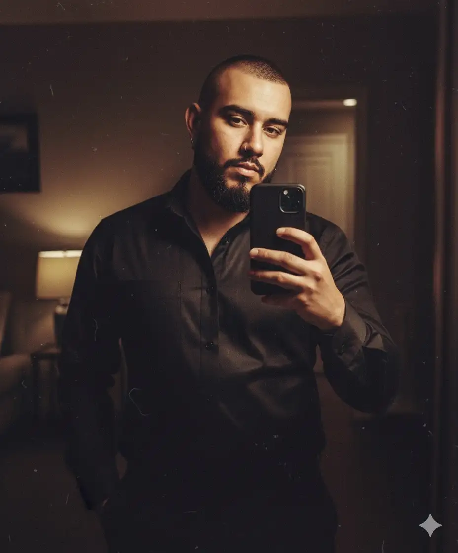 Transform the uploaded photo into a moody mirror selfie set in a dimly lit room, with a soft, warm flash subtly reflecting on the glass. The subject wears black shirt oufit that catches the light with a gentle sheen, He poses with a seductive expression, holding a black Iphone 17 naturally angled to capture the reflection. The atmosphere feels cinematic and intimate, with dramatic shadows adding depth and contrast. A touch of vintage film grain softens the image, enhancing its nostalgic yet stylish vibe. Do not alter the features of my face.