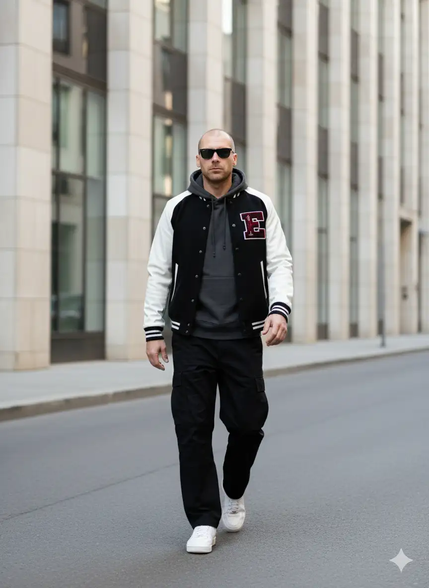 Genera una foto de cuerpo completo del joven de la fotografía con gafas de sol, caminando por una acera. Lleva una chaqueta negra con mangas de cuero blancas y un gran parche 'E' en el pecho izquierdo, sobre una sudadera con capucha gris oscura. Lleva pantalones de cargo negros y zapatillas blancas. El fondo cuenta con un edificio de color claro con ventanas y una calle gris. Manten el rostro de la foto sin modificar, no alteres sus rasgos y expresiones faciales