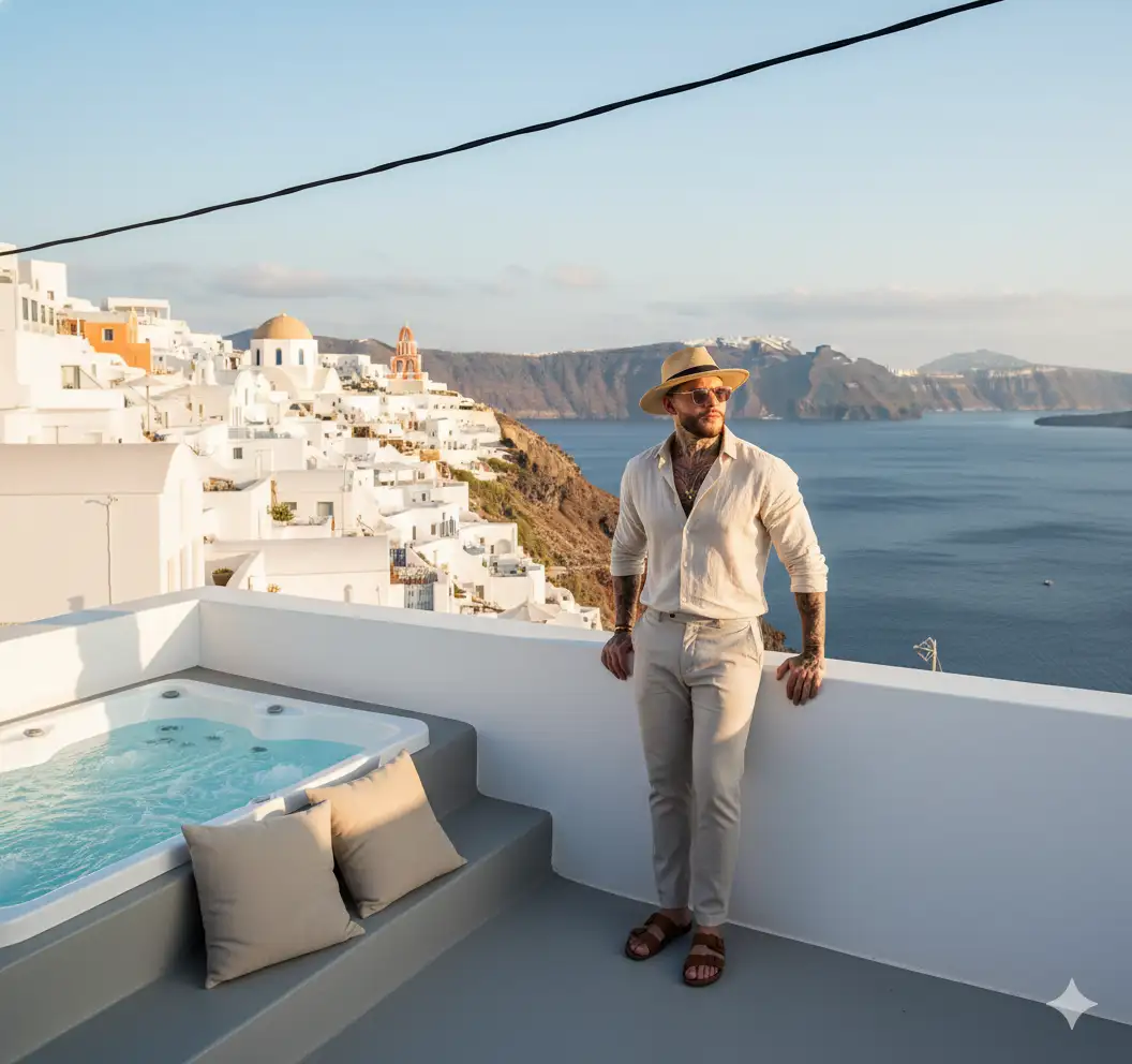 Ultra-realistic cinematic photography of an elegant man standing on a white terrace in Santorini, Greece, with a stunning coastal landscape in the background.
The man stands facing the camera near the white terrace wall, facing the horizon, in a relaxed and contemplative pose, with his hands resting lightly on the wall.
He wears elegant, modern clothing inspired by modern Greek culture—a light linen shirt (white or beige) slightly open at the collar, tailored linen trousers in neutral tones, and comfortable leather sandals or espadrilles. Accessories may include a braided bracelet, sunglasses, or a straw hat, matching the Mediterranean aesthetic.
The terrace features plain white walls, a light gray floor, a rectangular jacuzzi with gray sides and a white interior, filled with clear, bubbling water, and two large beige cushions beside it. The background reveals a picturesque Greek village with white and beige cubic houses, a church with white domes and an orange-gold bell tower, and a mountain range to the right. The Aegean Sea shimmers on the horizon under a clear blue sky with a few wispy clouds.
A black electrical wire crosses the upper part of the image.
Lighting: Soft, warm, and bright natural light, evoking early morning or late afternoon.
Camera angle: Medium-wide shot, at eye level, slightly tilted to include both the man and the panoramic view.
Style: Ultra-realistic, cinematic, Mediterranean elegance, high dynamic range, sharp focus, natural tones, serene and sophisticated atmosphere.