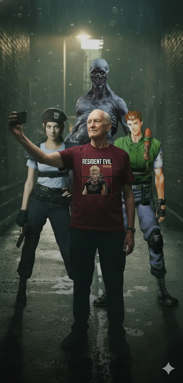 La imagen muestra una composición dinámica, centrada en un hombre adulto mayor (imagen 1) qué está usando una camiseta de color que tiene estampado la imagen 2 se. Parece estar tomándose una selfie.
Detrás de él se encuentran tres personajes (imágenes 3, 4 y 5) del videojuego resident evil para PlayStation, a derecha y izquierda están los personajes con características humanas y detrás del hombre está el personaje monstruoso.
El fondo sugiere un oscuro callejón iluminado difusamente por luces que provienen de alguna ventana, al fondo y algo desenfocado se alcanza a ver un poste de luz. La iluminación es un poco tenue, creando un ambiente algo sombrío.
La imagen debe ser foto realista, cinematográfica, formato 9: 16, VERTICAL, 8K.
Crea la imagen manteniendo completamente íntegros todos los rasgos físicos y corporales del rostro de la foto adjunta.