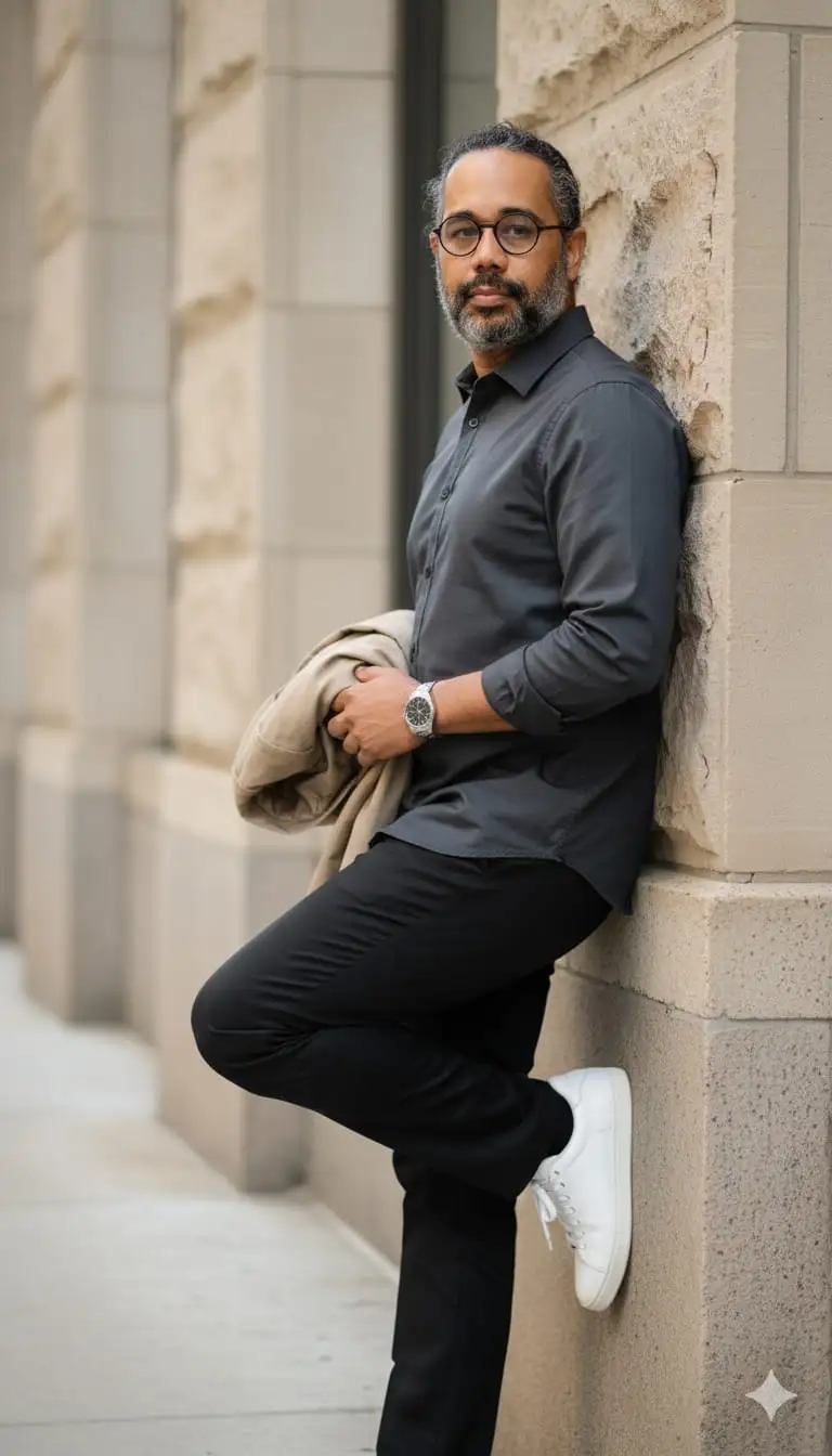 Retrato ultrarrealista de un hombre de cuarenta y siete años, apoyado casualmente contra una pared de piedra texturizada de color marrón claro Utilice imagen como referencia exacta del rostro: conserve el 100% de sus rasgos faciales reales, cabello negro rizado, textura de la piel y expresión natural sin alteraciones ni suavizad Lleva una camisa gris oscura, pantalones negros de vestir y zapatillas blancas. Lleva un reloj plateado en la muñeca izquierda. En la mano izquierda sostiene con naturalidad una chaqueta beige. Su expresión facial es neutra, con una sutil mirada ligeramente dirigida hacia la derecha, lo que transmite un estado de ánimo reflexivo u observador. Su cuerpo está ligeramente inclinado, situado a la derecha del encuadre. La composición es un plano medio que resalta el torso y las piernas. La iluminación es suave y natural, realzando las texturas de la pared y su ropa. El ambiente es urbano y contemporáneo, con una fachada de piedra difu minada como fondo.