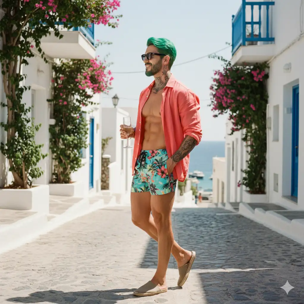 seaside town street style photo of the uploaded person with athletic and defined body in clothing for hot beach, full body visible. candid pose. shot on Agfa Vista 200, side-angle view, 4k --ar 16:9 --stylize 1000