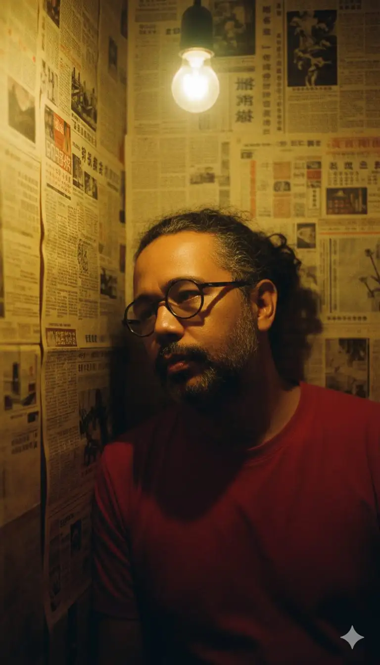 Crea un retrato retro fotorrealista de Hong Kong con un auténtico aspecto cinematográfico de los 90. Medio cuerpo. El sujeto está apoyado contra una pared cubierta de periódico, con la mirada suave y el cabello despeinado, Labios brillantes, piel radiante. Habitación estrecha de Hong Kong, con las paredes cubiertas de viejos periódicos cantoneses amarillentos. La luz de una bombilla de tungsteno se refleja con una tenue mancha verde. Sombras densas, luces brillantes. --ar 4:5 --s 250 --raw