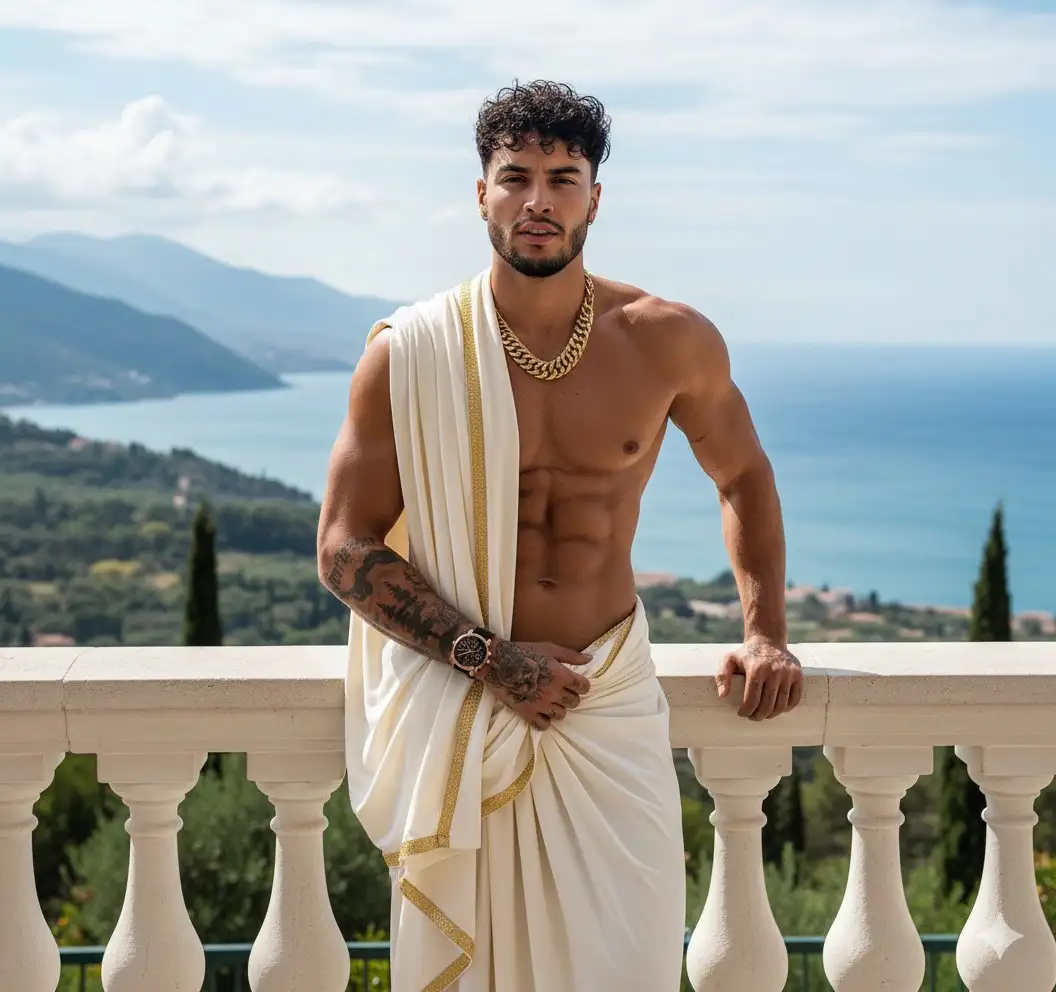 Use the attached photo of me as the face and body reference. A hyperrealistic with muscular man, and athletic physique. He possesses short, artfully disheveled curly black hair. He is partially clad in flowing, off-white and gold-trimmed toga-like drapery, elegantly revealing his perfectly defined chest, abdomen, and powerful shoulders. His left tattooed arm is gracefully bent at the elbow, while his right forearm casually rests on a meticulously carved white stone balustrade, adorned with classical architectural details and fluted columns. He wore a typical golden necklace
The background unfolds into a breathtaking, sun-drenched Mediterranean vista. A tranquil, cerulean blue sea stretches to the horizon under a vast, partly cloudy sky, where soft, wispy clouds drift lazily. Verdant, rolling hills cascade down to the coastline, dotted with slender, dark green cypress trees that punctuate the landscape. Majestic mountains loom in the distant haze, adding depth to the panoramic view. The scene is bathed in a bright, natural daylight, creating subtle shadows and highlights that accentuate the man's chiseled features and the rich textures of the environment.
This image is to be rendered with the precision and clarity of a professional photography shoot, captured with a RED Monstro 8K VV camera and a Zeiss Otus 85mm f/1.4 lens, utilizing natural softbox lighting. Emphasize ultra-realistic skin texture, individual strands of hair, intricate fabric folds with subtle sheen, and the nuanced play of light on both the subject and the landscape. Focus on extreme detail, from the pores on his skin to the minute carvings on the balustrade, ensuring a shallow depth of field that subtly blurs the background while keeping the subject in sharp, immaculate focus. The overall aesthetic should evoke classical beauty with a modern, high-definition sensibility, aiming for an award-winning editorial quality