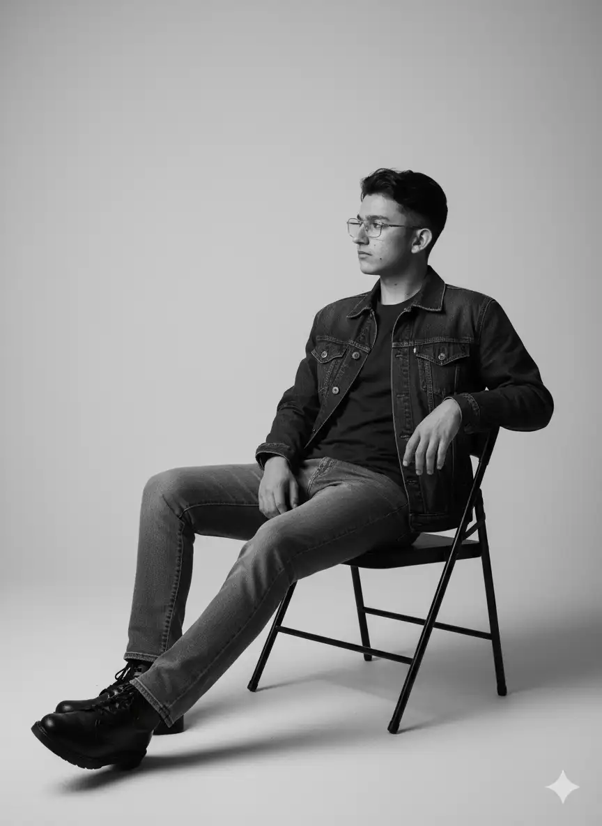 Use the model(person in the image) to create a black-and-white studio photo, featuring a young man sitting casually on a metal folding chair with his legs crossed. He is wearing a denim jacket, a dark t-shirt, straight-cut jeans, and black boots. The lighting is soft and minimal, producing sharp shadows and a moody atmosphere. His pose is relaxed, slightly leaning with one hand on the chair’s backrest, his face turned to the side. The background is plain, with a simple and modern aesthetic.
