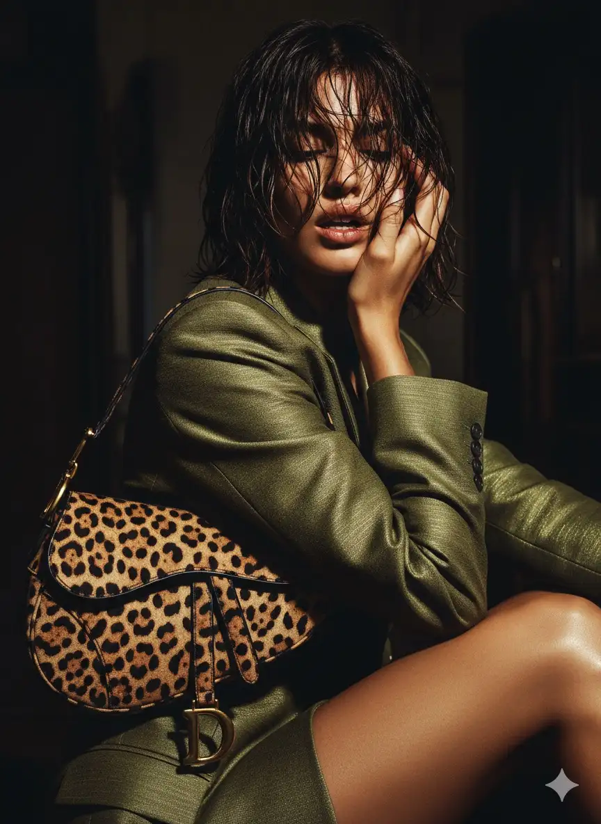 Take a photograph of a sultry, high-fashion Dior advertisement with a bold, sensual energy. The model is partially obscured, her face tilted downward with strands of wet, tousled hair falling across her features. Her lips are slightly parted, teeth grazing her hand in a gesture that feels both intimate and provocative.

She wears a textured olive-green jacket, rich in detail, its glossy finish catching the light. Draped across her shoulder is the iconic Dior saddle bag, here in a bold leopard print pattern with luxurious textures and metallic accents, including the signature gold “D” charm. The animal print amplifies the ad’s untamed, glamorous feel.

Her bronzed skin glows under the lighting, accentuating the smoothness of her leg, which is prominently framed against the darker shadows of the background. The play of shadows and highlights creates a moody, high-contrast effect typical of early-2000s luxury campaigns.

The palette is rich and decadent—earthy greens, golden browns, deep shadows, and luminous skin tones—evoking opulence, seduction, and power. The photograph is heavily stylized, almost cinematic, radiating Y2K-era hedonism and glossy editorial allure. Don’t change facial features. Size 9:16