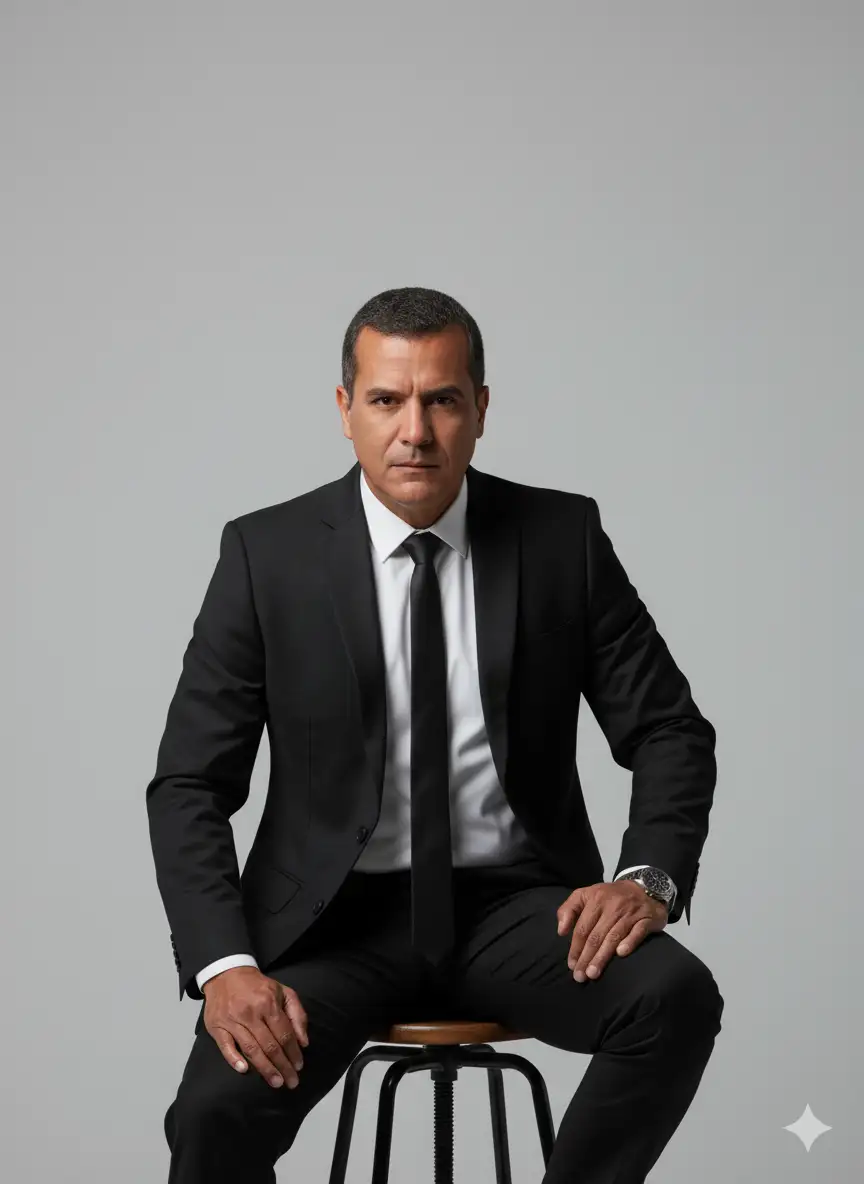 "Retrato artístico a color de un hombre con las mismas características de la foto proporcionada. Con un modelo elegante, vestido con un traje sofisticado, calcetines y zapatos negros. Está sentado en un taburete con una postura ligeramente encorvada, mirando a la lente de la cámara con una mirada misteriosa como si estuviera mirando tus ojos. Sus rasgos faciales son los mismos que los de la foto original (adjunta), al igual que el peinado. La imagen presenta accesorios minimalistas que realzan el tono elegante y editorial. Detrás de él e. La pared un logo llamativo que dice Sigamos Soñando, La iluminación limpia del estudio realza las texturas y la profundidad, creando una sensación elegante y de alta costura. Usa la imagen adjunta como referencia para el rostro. Relación de aspecto de la pantalla: 4:5 vertical."