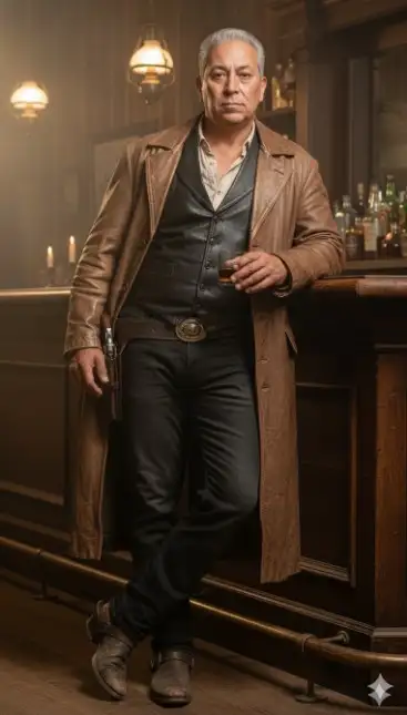Retrato completo con mi foto del rostro de un hombre con complexión atlética. El diseño debe ser de un hombre de aspecto rudo y encantador, vestido al estilo de un pistolero del Viejo Oeste, recostado con aire relajado en la barra de un bar rústico de madera antigua. Sostiene un vaso de whisky en una mano y apoya la otra en la barra. Su semblante es serio y seguro, con una expresión intensa y una mirada fija. Rasgos masculinos bien definidos.

Viste una camisa clara, de aspecto antiguo y entreabierta, un chaleco de cuero negro desgastado, vaqueros negros desteñidos y una chaqueta larga de cuero marrón, abierta y desgastada, con aspecto polvoriento. Toda la ropa le queda muy ajustada. Lleva un cinturón grueso con una hebilla metálica ornamentada. Una funda con un revólver aparece en un lateral del aparador. Las botas de cuero tienen un aspecto desgastado, con arrugas y polvo acumulado. El ambiente evoca un salón del Lejano Oeste, iluminado por una luz tenue y constante proveniente de lámparas y velas, creando un contraste entre las zonas de sombra y los reflejos dorados en las botellas de cristal alineadas tras el mostrador. El fondo muestra paredes de madera oscura, botellas antiguas y una atmósfera ahumada que sugiere el aroma del tabaco y el whisky.

La iluminación es cinematográfica, al estilo de Rembrandt, con suaves focos laterales que resaltan las texturas del cuero, el sutil brillo del metal y la expresión del personaje. Una ligera neblina o polvo suspendido se percibe iluminado por los cálidos haces de luz.

El ángulo de la cámara es ligeramente bajo, a ras de suelo (desde la rodilla hacia arriba), lo que refuerza la grandeza y la actitud relajada del personaje. La poca profundidad de campo mantiene al hombre enfocado con nitidez y el fondo ligeramente desenfocado.

Fotografiado con un objetivo de 50 mm f/1.8 con resolución 8K ultrarrealista, con un estilo cinematográfico western dramático, de tonos cálidos, terrosos y alto contraste. La textura de la piel, la ropa y la madera está sumamente detallada, con una luz que refleja sutilmente las telas y los metales.

Estilo visual: realismo cinematográfico, con atmósfera de película del oeste.