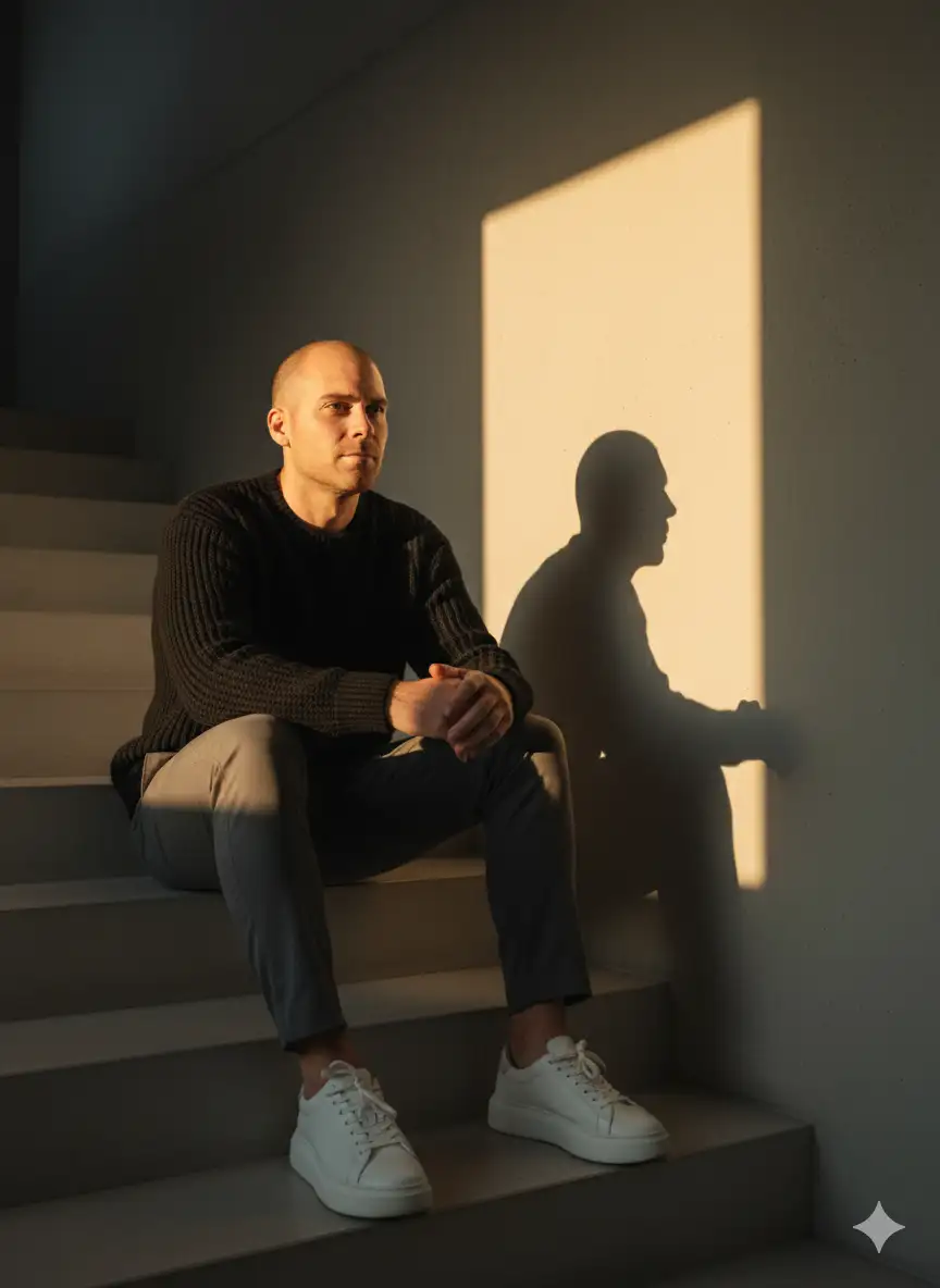 Foto vertical ultrarrealista, 9:16 (use la cara cargada, 100% de bloqueo de identidad, sin alteración) se sienta en unas escaleras interiores junto a una pared de hormigón mate. Un rayo rectangular de luz dorada que entra desde una ventana golpea la pared y crea su nítida silueta de sombra dentro del marco brillante. Viste un suéter negro de punto acanalado, 2.165 pantalones chinos grises y zapatillas gruesas blancas. 243 Pose: sentado, codos sobre los muslos, manos ligeramente entrelazadas, barbilla ligeramente levantada, ojos mirando hacia la expresión luminosa, tranquila y segura 915. Iluminación: luz solar intensa y cálida como clave desde la derecha de la cámara 292, filtro de rebote ambiental suave, alto contraste con sombras largas, ambiente cinematográfico de hora dorada. Cámara y apariencia: ángulo medio-bajo desde unos pocos pasos hacia abajo, 50-85 mm f/2.2, poca profundidad de campo, óptica limpia, textura de piel realista, grano de película fino, viñeta sutil de 2.165. Fondo minimalista, sin desorden. Realismo editorial de moda. La persona es delgada y mide 185 cm