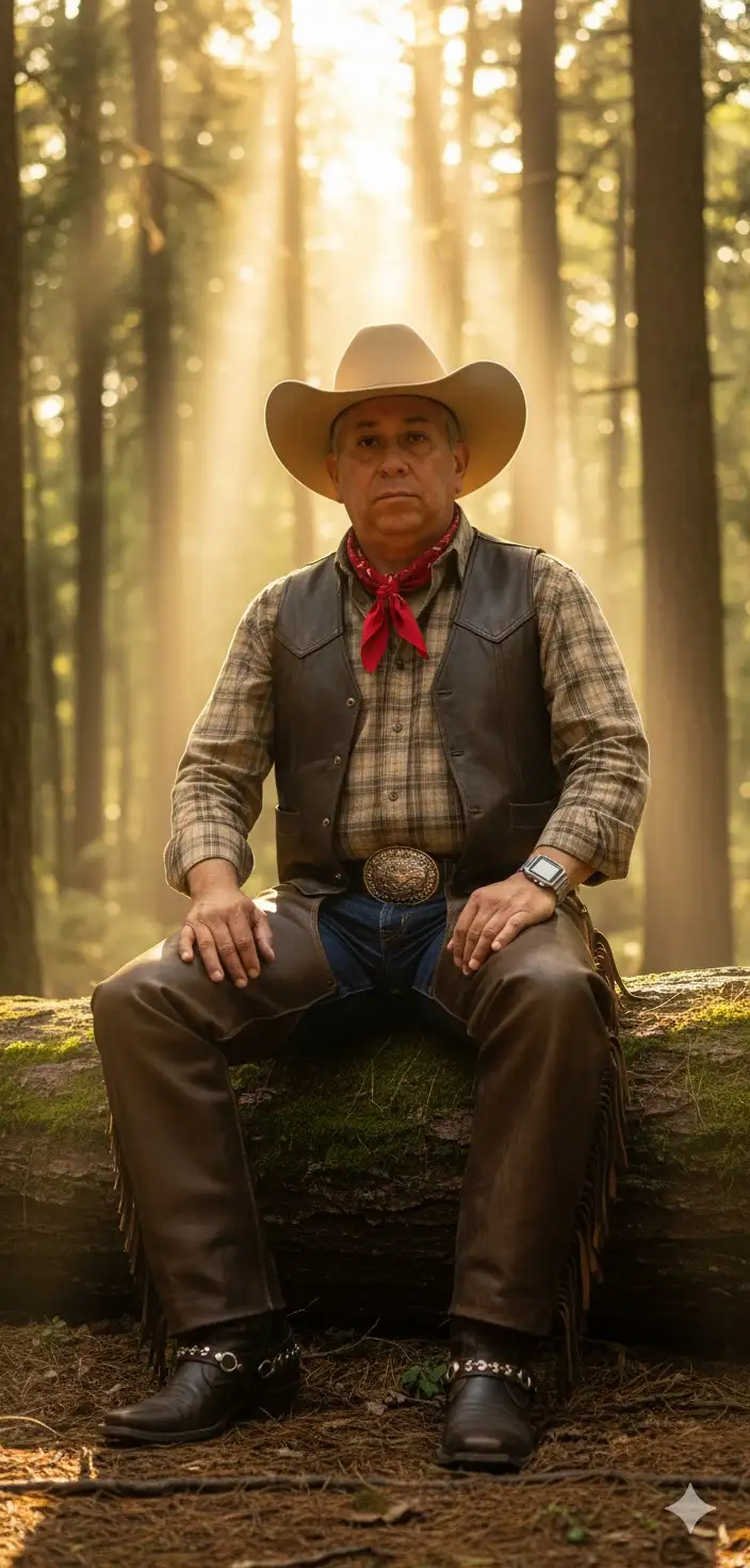[Tu foto/La persona de la imagen de referencia] es el sujeto, con una expresión seria y directa, mirando a la cámara con una pose relajada pero segura. Su vestimenta es una interpretación rústica y detallada del atuendo de vaquero: un sombrero cowboy de fieltro marrón claro (color tan), una camisa de cuadros (o a cuadros sutiles) en tonos tierra, un chaleco de cuero marrón oscuro sobre la camisa, chaparajos de cuero marrón con flecos visibles en los lados sobre unos jeans azul oscuro, un cinturón grueso con una gran hebilla plateada de estilo occidental, botas de cuero marrón oscuro con herrajes de estilo vaquero, y un pañuelo anudado al cuello. Un detalle moderno es un reloj digital o inteligente plateado en su muñeca izquierda.
El hombre está sentado sobre un tronco cubierto de musgo en un bosque o arboleda. El fondo es un bosque denso con árboles altos y follaje borroso, sugiriendo una poca profundidad de campo (bokeh) que centra la atención en el sujeto. La iluminación es cinematográfica y atmosférica, con luz cálida y dorada filtrándose intensamente desde la parte superior entre los árboles, creando rayos de sol visibles (god rays) que envuelven al hombre y el entorno en una neblina etérea. La imagen tiene un estilo fotorrealista y de alta calidad, con texturas muy detalladas en el cuero y la naturaleza circundante.