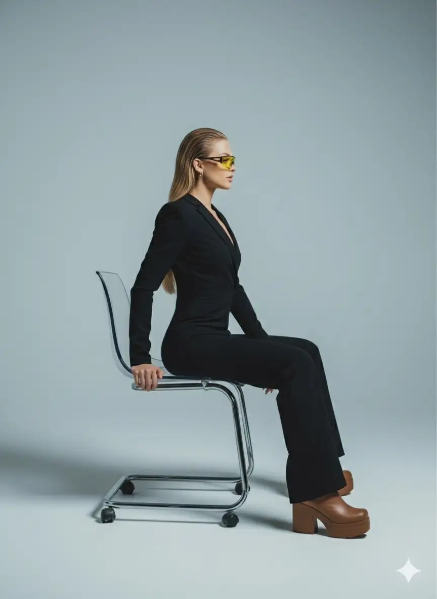 Take a futuristic fashion editorial portrait of a woman seated on a clear acrylic chair with wheels. She wears a sleek, asymmetrical black jumpsuit paired with chunky retro brown platform shoes. Her hair is styled slicked back, and she wears bold yellow-tinted futuristic sunglasses. The lighting is cool and studio-like, casting soft shadows that emphasize the sharp minimalist lines of her body and outfit. The pose is angular and powerful, with one arm resting on her thigh and the other hanging loosely. The overall mood is avant-garde, minimalist, and retro-futuristic, evoking late 90s and Y2K fashion aesthetics with strong editorial energy. Don’t change face features, side view shot