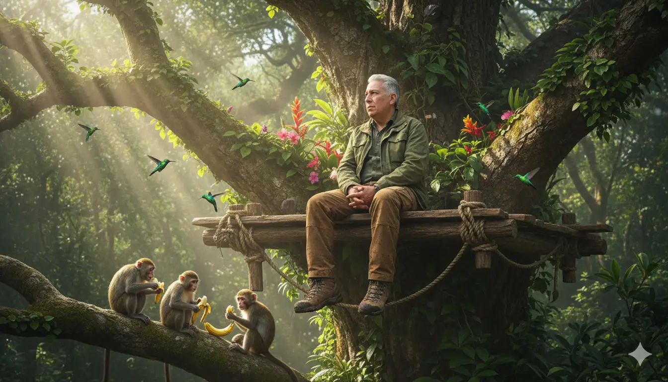 Una escena forestal de gran realismo. Un hombre (foto adjunta), con ropa de senderismo resistente (chaqueta verde descolorida, pantalones cargo marrones y botas de montaña desgastadas), se sienta relajado en una plataforma de madera construida en lo alto de un gran árbol. Una pierna cuelga libremente y mira pensativo a la distancia. La plataforma, hecha a mano, está hecha de tablones de madera tosca, atados con una cuerda gruesa y presenta texturas desgastadas. La luz del sol se cuela a través del dosel, creando destellos de luz natural y sombras detalladas en la madera y las hojas circundantes. A su alrededor, varios colibríes flotan en el aire; sus diminutas alas se mueven con rapidez, mientras sus plumas iridiscentes reflejan la luz del sol con destellos verdes y azules. Vuelen entre ramas y flores silvestres cercanas. Al fondo, una pequeña tropa de monos, primates del bosque juguetones y curiosos, se reúnen en una rama inferior o cerca de la base del árbol, comiendo plátanos. Algunos los pelan con destreza, mientras que otros observan a su alrededor, interactuando entre sí. Su pelaje y expresiones faciales están capturados con un nivel de detalle fotográfico, con poses y movimientos naturales. La atmósfera es tranquila pero llena de vida. El bosque se siente rico e inmersivo. Todo se reproduce con una calidad ultrarrealista, colores naturales, gran detalle y una suave profundidad de campo, como si se hubiera capturado con una cámara réflex digital. Sin estilización. Realismo natural.