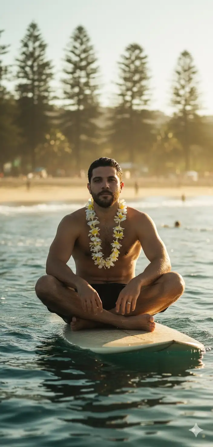 Eres un editor profesional y tienes que hacer este retrato usando de modelo al sujeto de la foto. Crear un marco vertical - tamaño 2160x3840 píxeles (calidad 4K)
Un retrato cinematográfico de un joven atlético sentado en una tabla de surf, con un collar de Hawái el sujeto tiene el pelo mojado. La atmósfera es temperamental y etérea la hora sería a las 3 de la tarde con mucho sol y la playa con mucho ambiente. La persona está sentada en la tabla en el mar posando sin playera para la foto, dando una postura tranquila. Profundidad de campo poco profunda con pinos de gran tamaño al fondo, textura de alto detalle en la capa, capturada con una lente DSLR profesional con luz natural suave.
Disparada con una lente de 50 mm. t/1 .4 para una profundidad de campo poco profunda, la foto combina una nitidez editorial nítida con un bokeh cremoso. La gradación de color se inclina hacia azulados profundos y cálidos tonos de sol con un sutil grano de película añadido para la profundidad cinematográfica.