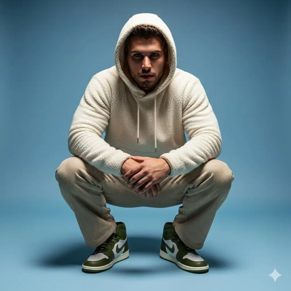 Create a bold overhead fashion portrait that fuses softness with street edge, capturing a youthful subject squatting beneath a studio spotlight in a cocoon of comfort and attitude.
The figure wears a plush, cream-colored sherpa hoodie with the hood drawn tightly over their head - wrapping them in warmth like modern armor. Paired with wide-wale corduroy pants in a complementary beige, the textures clash subtly against the crisp, icy-blue gradient studio backdrop.
The focal point: a pair of standout olive green and white Air Jordan 1s, presented prominently in the lower third of the frame, giving the image sneaker editorial energy.
Lighting is overhead and cinematic, casting natural shadows that contour the folds of fabric and the curvature of the hood exhildi. lahbat enhancing skin texture and gaze intensity.
The mood is introspective yet confident — a visual essay in coziness, self-protection, and youthful defiance. Tags: street coziness, sneaker culture portraiture, fleece armor, soft power, Gen Z loungewear editorial. Don't change facial features