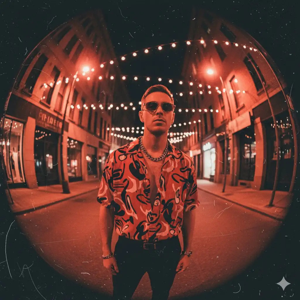 A vertical 9:16 high-resolution 8K vintage-style flash photograph of a stylish white man standing confidently on a nighttime city street, captured with dramatic fisheye lens distortion. The image includes subtle grain, light film scratches, and analog texture effects for a nostalgic yet editorial feel. He wears an abstract red shirt with bold, expressive artistic patterns, partially unbuttoned to reveal his confident, edgy demeanor. Chunky metallic jewelry and fashionable sunglasses add to his striking streetwear aesthetic.
The city backdrop is softly transformed by cozy home party vibes red ambient lighting, delicate string lights hanging above, and a warm, intimate atmosphere that blends festivity with the urban night setting. Skin texture is flawless, lighting is dramatic with soft shadows and lens flash reflections. No distortions, no anatomical flaws. Image must be generated entirely based on the uploaded photo, maintaining all the characteristics of the main character.