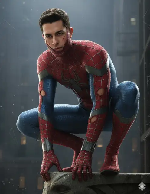 Retrato cinematográfico ultrarrealista de un héroe en combate. Crea una escena dramática en un entorno urbano nocturno y brumoso, evocando una calle trasera de Nueva York después de una intensa batalla. El héroe masculino (basado en la imagen adjunta) viste el icónico traje rojo y azul de Spider-Man, visiblemente desgastado y rasgado.

El traje presenta un patrón de telarañas altamente detallado y tridimensional que se extiende por toda la superficie, con un brillo sutil en los hilos que enfatiza su diseño intrincado. El símbolo plateado de la araña en el pecho es prominentemente visible. Las zonas rasgadas del traje revelan una capa interior deshilachada con bordes dentados y fibras expuestas, mostrando un desgaste realista y creíble. La superficie del traje tiene un acabado brillante y resistente, con ricos matices de rojo y azul que reaccionan de forma dinámica a la luz ambiental.

El fondo está oscurecido por el efecto de niebla urbana y arañazos sutiles, que añaden profundidad y una sensación de desolación.

El héroe adopta una pose dinámica y decidida, mirando hacia adelante y ligeramente hacia abajo (entre 30 y 45 grados respecto a la cámara), transmitiendo una intensa concentración y enfoque. La iluminación dramática, con focos cenitales y laterales intensos, resalta poderosamente los contornos de su musculatura, el rostro parcialmente visible y las texturas desgastadas del traje.

El rostro del héroe, visible bajo la máscara rota, muestra una tensión palpable y determinación. Su piel tiene texturas naturales, con poros sutiles y una ligera humedad, y un acabado fibrosos. La atmósfera general es de melancolía, resistencia y preparación para el próximo desafío. Ultra realista, detalles nítidos, iluminación cinematográfica, calidad 8K."

Principales cambios y mejoras:

Se eliminó la parte duplicada sobre la ropa que no correspondía con el tema de Spider-Man.

Se reforzaron las palabras clave "ultrarrealista" y "cinematográfico" al principio.

Se cohesionaron las descripciones de las texturas del traje para que fluyan mejor.

Se enfatizó la "niebla urbana" como elemento clave del fondo.

Se consolidó la descripción de la iluminación para un mayor impacto.

Se añadió "acabado fibroso" al rostro para complementar el realismo del traje y la tensión.