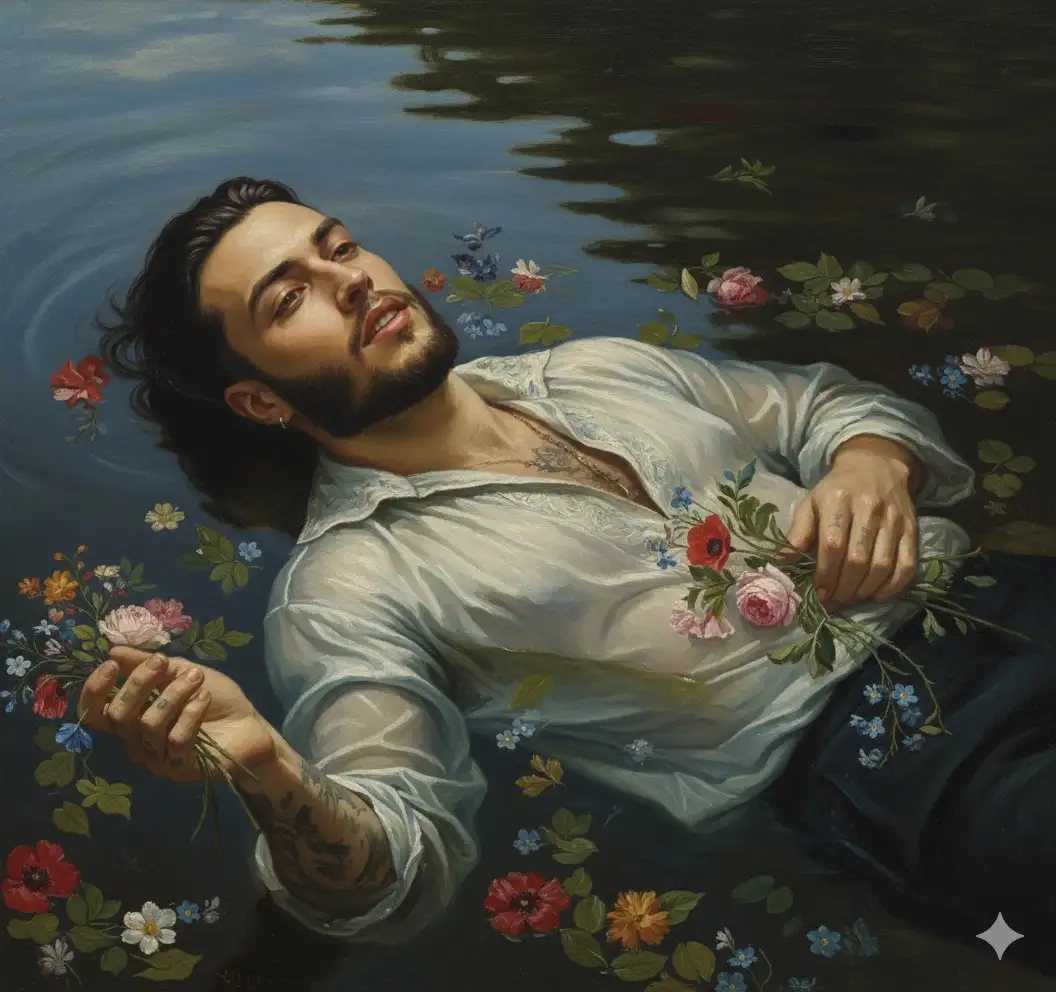Edit my photo to look like the painting Ophelia by John Everett Millais. Keep my face and hairstyle exactly the same, without changing my facial features.
Position my body floating horizontally on calm, dark water, viewed from above at a slight angle. My head should rest gently on the water, slightly tilted back and turned a little to one side, with my eyes open and looking upward in a calm, dreamy way. My expression should be serene, almost detached, as if lost in thought. My arms should be relaxed and partially submerged, with one hand open and the other softly floating near my body.
Add couple of flowers to my right hand
Surround me with colorful wildflowers and green leaves drifting on the water. Dress me in a light, prince-style shirt — elegant, slightly loose, and made of fine fabric like silk or linen, with subtle embroidery or lace details. The shirt should look historical and romantic, partially wet and blending softly with the water.
The scene should feel painterly and realistic, with soft lighting, detailed textures, and rich, deep colors, capturing the melancholic and ethereal tone of a 19th-century oil painting. Include gentle reflections and ripples on the surface of the water to enhance realism and depth.