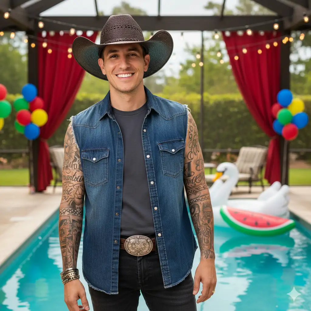 Create a photorealistic image of a man with the exact facial features of the person in the provided reference photo. He should be smiling genuinely, looking directly at the viewer. He is wearing a dark, woven cowboy hat, a sleeveless denim shirt over a dark t-shirt, and dark pants. His right arm is heavily tattooed with designs including a lion's face and script, and his left arm also shows tattoos. He is wearing a large, ornate belt buckle and several bracelets on his left wrist. The setting is a festive outdoor or semi-outdoor area next to a swimming pool, adorned with colorful balloons, string lights, and pool floats (including a large watermelon slice and a white swan). Red curtains are visible in the background, along with a window showing greenery outside. The lighting is bright and cheerful.