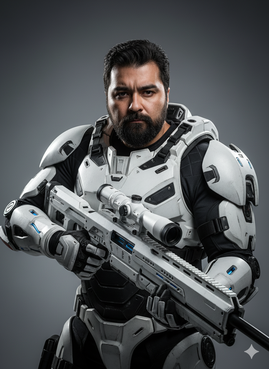 Un retrato de cuerpo medio, ultra-realista y de alta resolución (8K) de un individuo con **los rasgos faciales de la imagen de referencia provista**.
El personaje está representado como un soldado futurista de élite. Lleva una armadura de combate de exoesqueleto avanzada, predominantemente blanca con detalles y segmentos negros que acentúan las articulaciones y contornos. La armadura tiene un diseño aerodinámico y robusto, con elementos tácticos y tecnología visible.
El personaje sostiene un rifle de francotirador futurista de color blanco, grande y detallado, equipado con una mira telescópica, posicionado de forma experta como si estuviera en guardia o listo para el combate.
La iluminación es dramática, de estudio, con luces y sombras marcadas que realzan la textura de la armadura y la profundidad de la escena. El fondo es un degradado liso de gris neutro que permite que la figura principal resalte.
La expresión facial debe ser seria, enfocada y determinada.