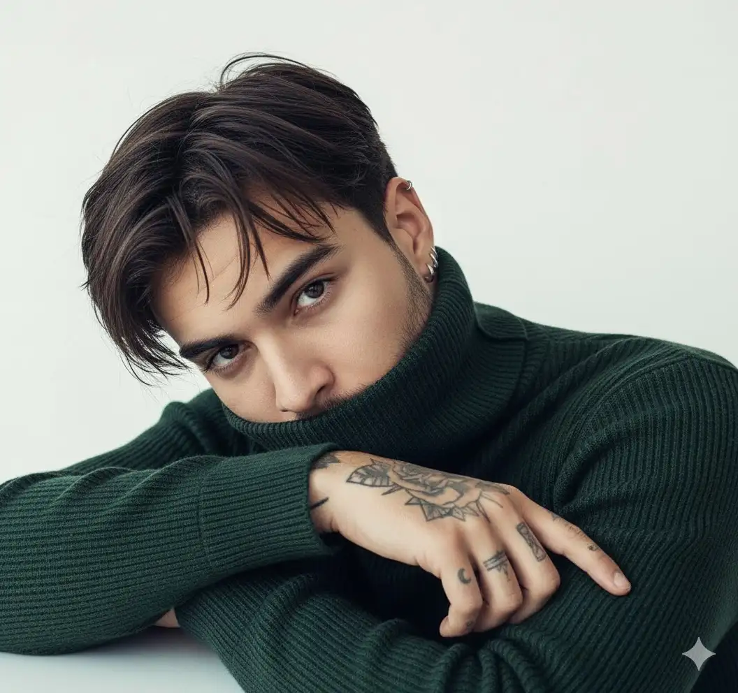 Create an image of the person in the attachment.
Be an image of a young man with natural hair color, slightly messy, wearing several small silver hoop earrings, wearing a dark green turtleneck sweater, one side of the face slumped on the arm, pulling the collar up to cover the chin and mouth, staring with deep eyes, soft light, cool tone, simple background, bright studio style, conveying a quiet mood, mysterious and interesting, high-end magazine fashion shooting
style.