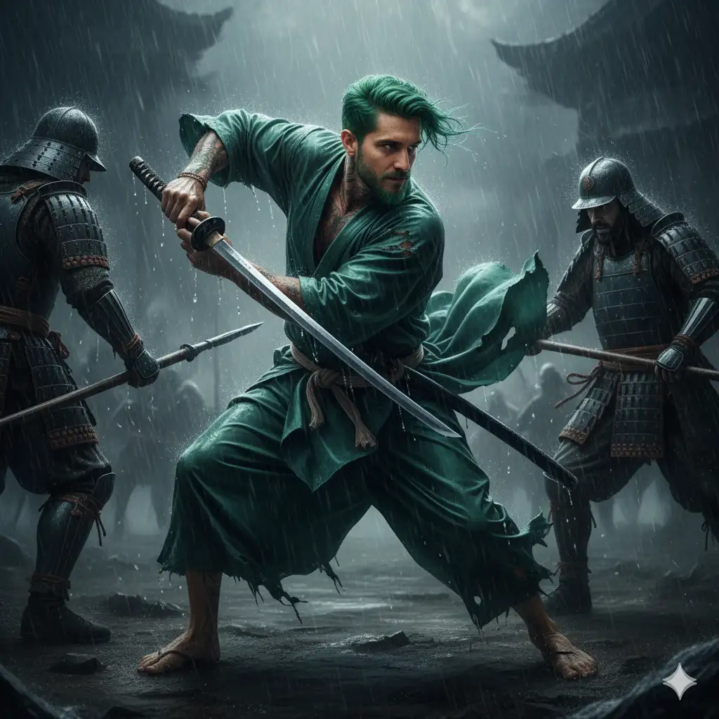 A powerful Athletic samurai (use the uploaded picture as reference for the face), wearing a short green-teal kimono, blown by the wind. Skin is soaking wet. action in motion, with a katana in hand. Camera angle is low, in front of the character. heavy rain. realistic octane rendering. Barefoot . Dramatic and intense scene. fight with two armored soldiers. with spears. Portrait, vertical orientation 9:16