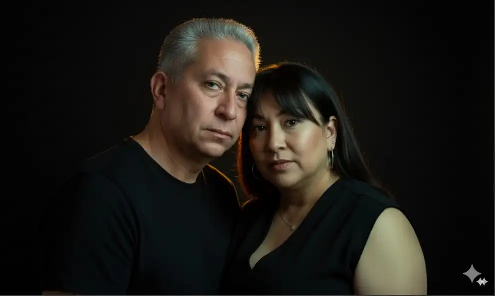 rostro, género, tono de piel, cabello, ojos y expresión única. Negativos: No distorsionar rasgos, sin cambios de edad o género, sin piel plástica, sin ropa inventada (salvo el 'fallback' indicado), sin dedos extra o ausentes, sin ruido, sin textos ni marcas de agua. • Texturas de piel, cabello y telas fotorrealistas. Sujeto principal: Una pareja, El cabello está intensamente iluminado por detrás, creando un halo dorado que contrasta fuertemente con el fondo oscuro. Expresión y pose: La pareja está junta, con la cabeza apoyada una en la otra. Su boca está ligeramente entreabierta, añadiendo un aire expresivo e íntimo a la imagen. El hombro descubierto viste un blusón negro, casi imperceptible, sugiere un retrato artístico Iluminación: • Contraluz muy fuerte y cálida, probablemente con un gel amarillo/naranja, que envuelve el contorno del cabello. • Una fuente secundaria fría (luz azul/verde) ilumina el rostro y parte del hombro, creando un contraste de colores complementarios (cálido en el cabello, frío en la piel). • El fondo es totalmente oscuro, aislando completamente a la modelo y destacando los brillos de su melena. Color y atmósfera: La imagen explora un esquema bicolor cálido-frío. El resultado es dramático, cinematográfico y con un toque etéreo. Lente: • Lente fija (prime), entre 50mm y 85mm en formato 'full frame'. • Esto se deduce por la suave compresión del rostro y los hombros, típica de las lentes de retrato. • Apertura amplia (f/1,4 – f/2,8). Estilo fotográfico: Retrato artístico con una fuerte intención dramática.