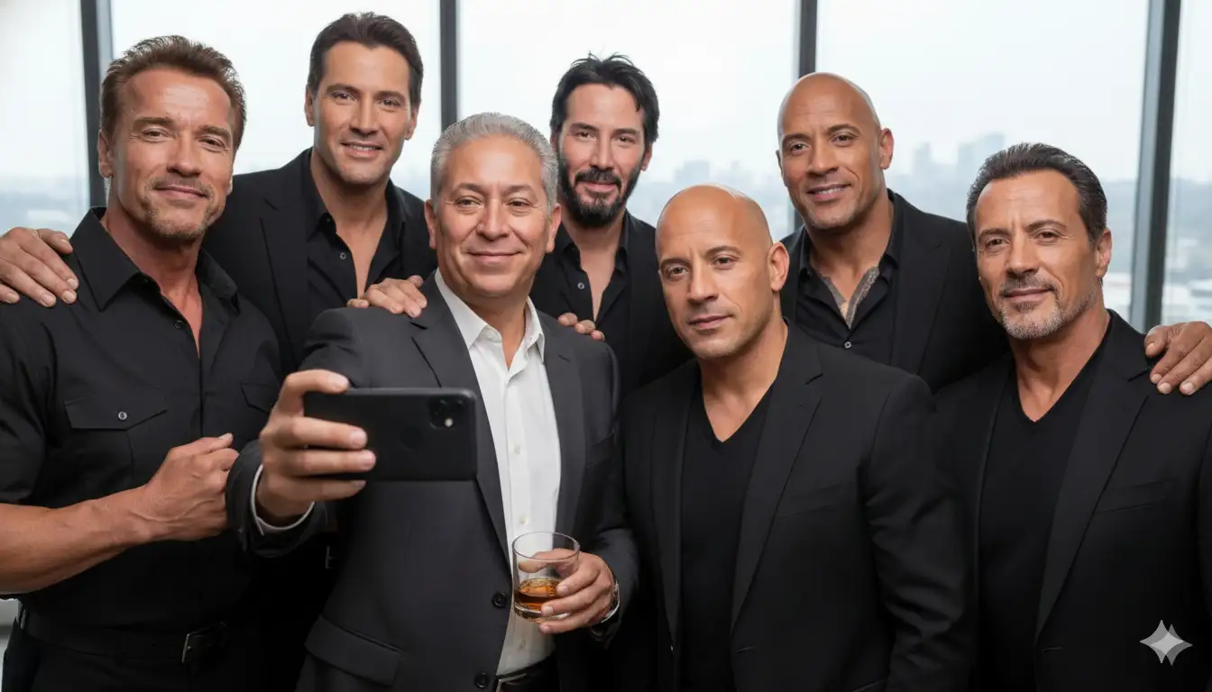 Crea una foto realista estilo selfie de mí Mantén el rostro sin cambiarlo y sin modificarlo con un grupo de estrellas de cine de Hollywood: Arnold Schwarzenegger, Jean-Claude Van Damme, Keanu Reeves, Dwayne "La Roca" Johnson, Vin Diesel y algunos otros como Jason Statham y Sylvester Stallone. W sosteniendo una bebida, con aspecto feliz y relajado, integrándose con naturalidad en el grupo.
La foto debe tener una resolución de 8K, formato selfie vertical, con una composición y expresiones faciales naturales.
