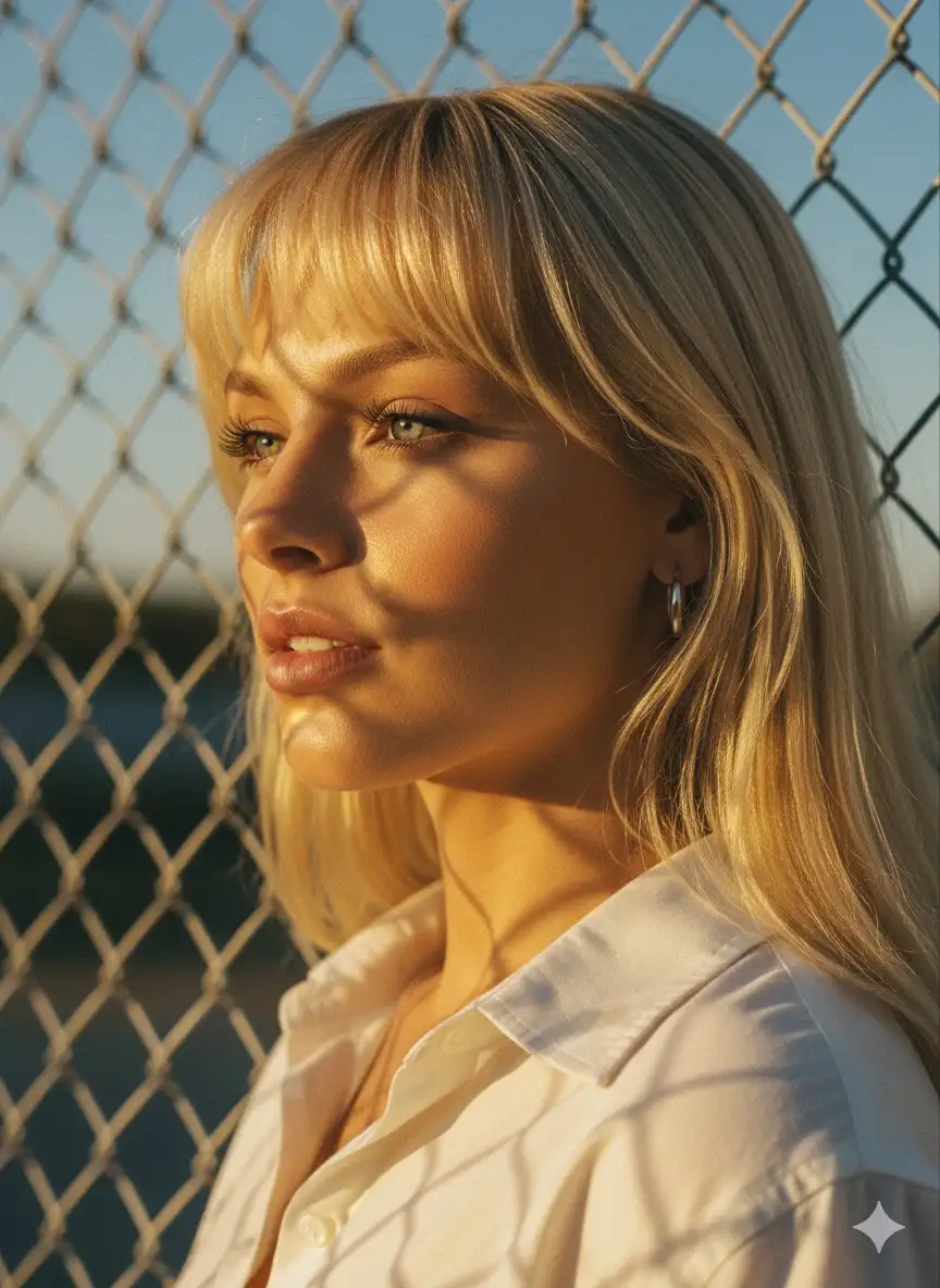 Take A sun-drenched portrait of a young woman standing in front of a chain-link fence, bathed in golden-hour light. The warm sunlight filters through the fence, casting a lattice of shadow patterns across her face, creating a moody, cinematic effect.

Her expression is calm yet intense, lips slightly parted, with a natural softness that contrasts against the sharp grid of shadows. She wears a light button-up shirt, understated and casual, with small silver hoop earrings adding a subtle metallic glint.

Her long, blonde golden haircut with blunt bangs frames her face, giving her a timeless and slightly rebellious look, reminiscent of 90s indie fashion editorials. The photo’s palette is dominated by golden yellows, muted blues, and warm skin tones, capturing the nostalgic feeling of late-afternoon summer light.

The texture is grainy and analog-like, with a filmic softness that emphasizes its vintage, Gen X-inspired vibe. It feels raw, authentic, and unpolished—like a candid moment caught on film, radiating intimacy and cool understated confidence. Don’t change face features. Side view shot