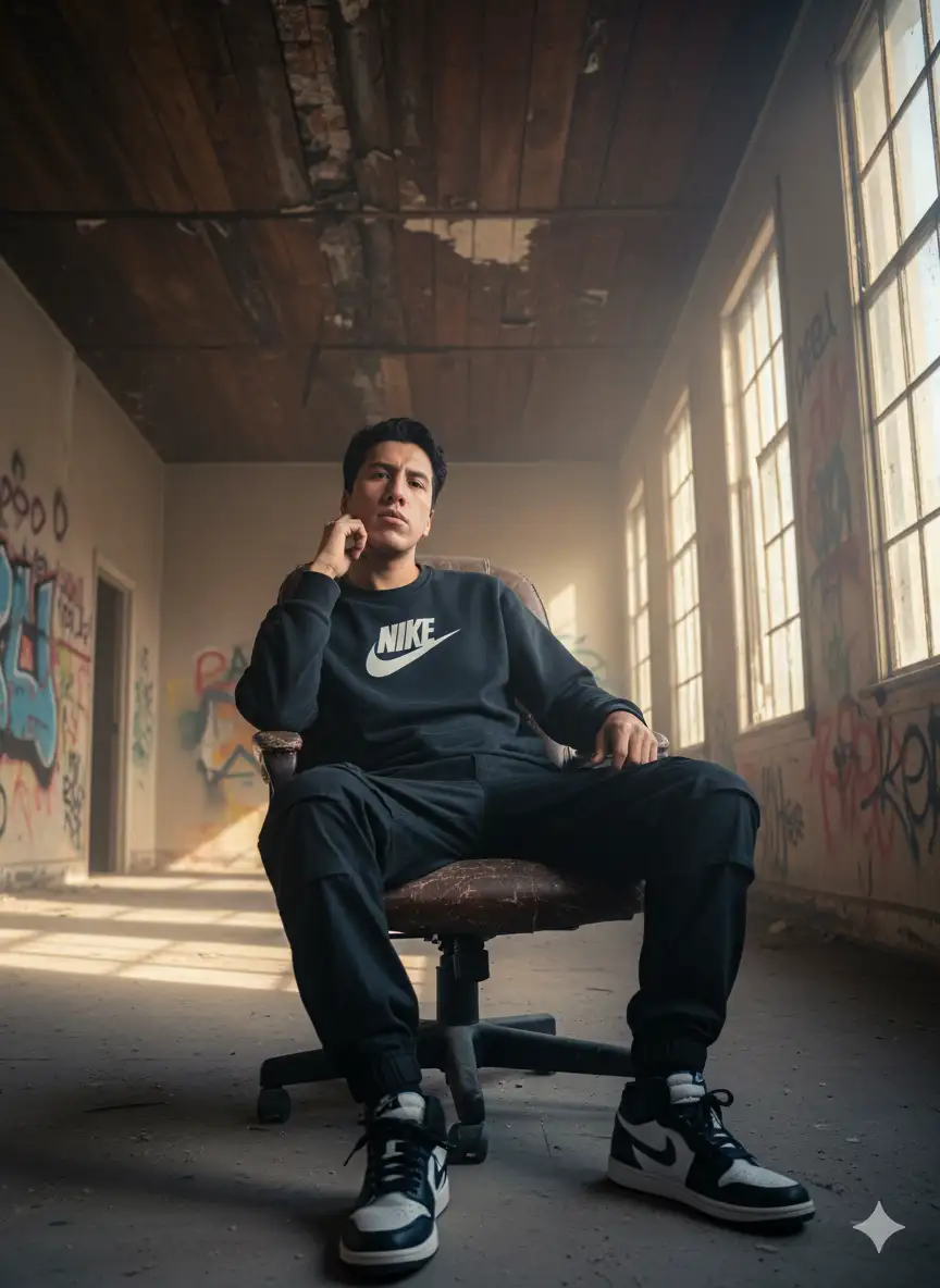 Utiliza la foto como persona principal.
Respeta los rasgos de la persona y mantenlos en alta definición. el sujeto es de complexión muy delgada
Tipo de foto: profesional, artística, concepto urbano.
Luz: luz de sol de la mañana entra por unos ventanales grandes del lado derecho, haciendo que la aviación se ilumine con tonos cálidos, contrastando con los tonos fríos de las sombras.
Fondo: una casona abandonada de la década de los 40's en México. La casa está vandalizada en la paredes por grafitis, se puede ver el deterioro de la construcción por el paso de los años, la foto muestra un cuarto sucio con mucho polvo y techos altos con vigas de madera. Se puede ver en el fondo que el cuerdo es muy profundo.
Expresión: la persona ve fijamente a la cámara con una expresión desafiante y sería.
Pose: la persona principal está sentada en una silla de oficina tipo ejecutiva, inclinado hacia atrás con una pose relajada, una de sus manos es dirigida hacia su mejilla la cual apoya en ella, mientras la otra permanece postrada en el descansa brazos de la cilla. Mientras que uno de sus pies se pone sobre la cilla mientras que el otro se mantiene firme en el suelo.
Ropa: la persona principal viste una sudadera color negra holgada talla 2xl con un logo de la marca Nike al centro.
En la que se puede apreciar un estampado de la marca Nike, pantalón holgado con bolsillos grandes en los costados de color negro, el pantalón termina un poco apretado en la zona de los talones a consecuencia de un elástico, trae puesto unos tenis negros Jordán 1 blanco con negro.
Foto artística, retrato, 30mm.
8k