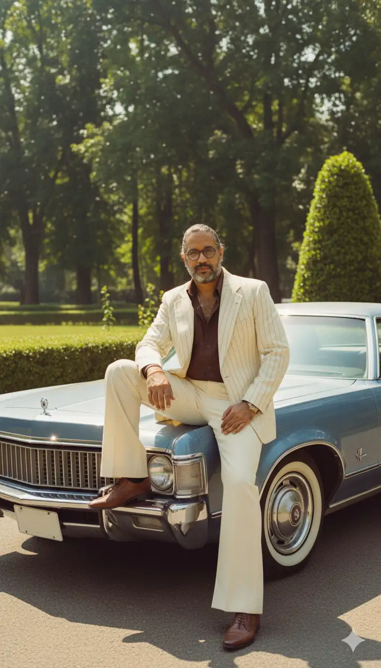 Crea una fotografía vintage de los años 70 inspirada en Bollywood. Muestra a un hombre elegante sentado de forma informal sobre el capó de un coche clásico. Viste una chaqueta de raya diplomática color crema, pantalones acampanados color crema y una camisa marrón oscuro con los botones superiores desabrochados, combinada con zapatos formales marrones, lo que le da un aire de mafioso. El coche tiene neumáticos anchos de banda blanca, detalles cromados y una carrocería metálica pulida que refleja la luz del sol. Al fondo, altos árboles verdes y setos enmarcan la escena. La fotografía tiene los tonos cálidos y granulados de una cámara de cine de los años 70, lo que le da un aire cinematográfico retro.