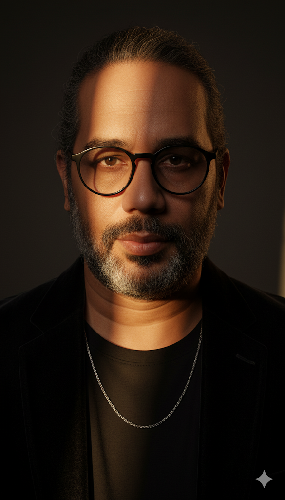 Crea un retrato hiperrealista en primer plano de un hombre [42 años, 1,85 m, 90 kg, cabello y barba castaños oscuros], inspirado en mi imagen de referencia.
El entorno es oscuro y editorial, con intensos rayos de luz ámbar que atraviesan su rostro, resaltando su mandíbula definida y su mirada intensa y fija.
Lleva una chaqueta de terciopelo oscuro, con el cuello ligeramente abierto, que deja ver un sencillo collar de cadena y una camiseta negra debajo.
Utiliza el 100 % del rostro de la foto enviada, sin alterar ningún detalle facial.