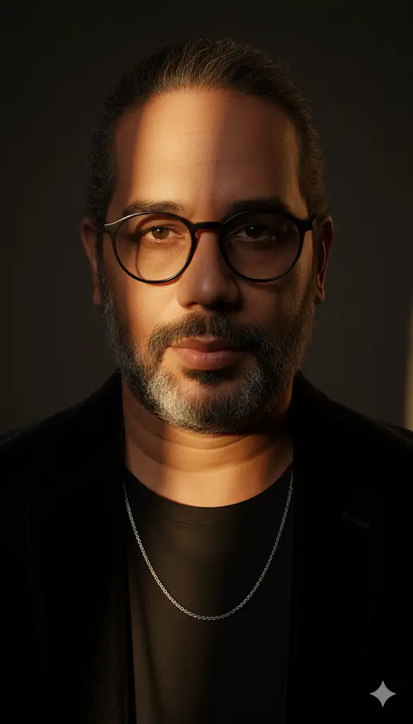 Crea un retrato hiperrealista en primer plano de un hombre [42 años, 1,85 m, 90 kg, cabello y barba castaños oscuros], inspirado en mi imagen de referencia.
El entorno es oscuro y editorial, con intensos rayos de luz ámbar que atraviesan su rostro, resaltando su mandíbula definida y su mirada intensa y fija.
Lleva una chaqueta de terciopelo oscuro, con el cuello ligeramente abierto, que deja ver un sencillo collar de cadena y una camiseta negra debajo.
Utiliza el 100 % del rostro de la foto enviada, sin alterar ningún detalle facial.