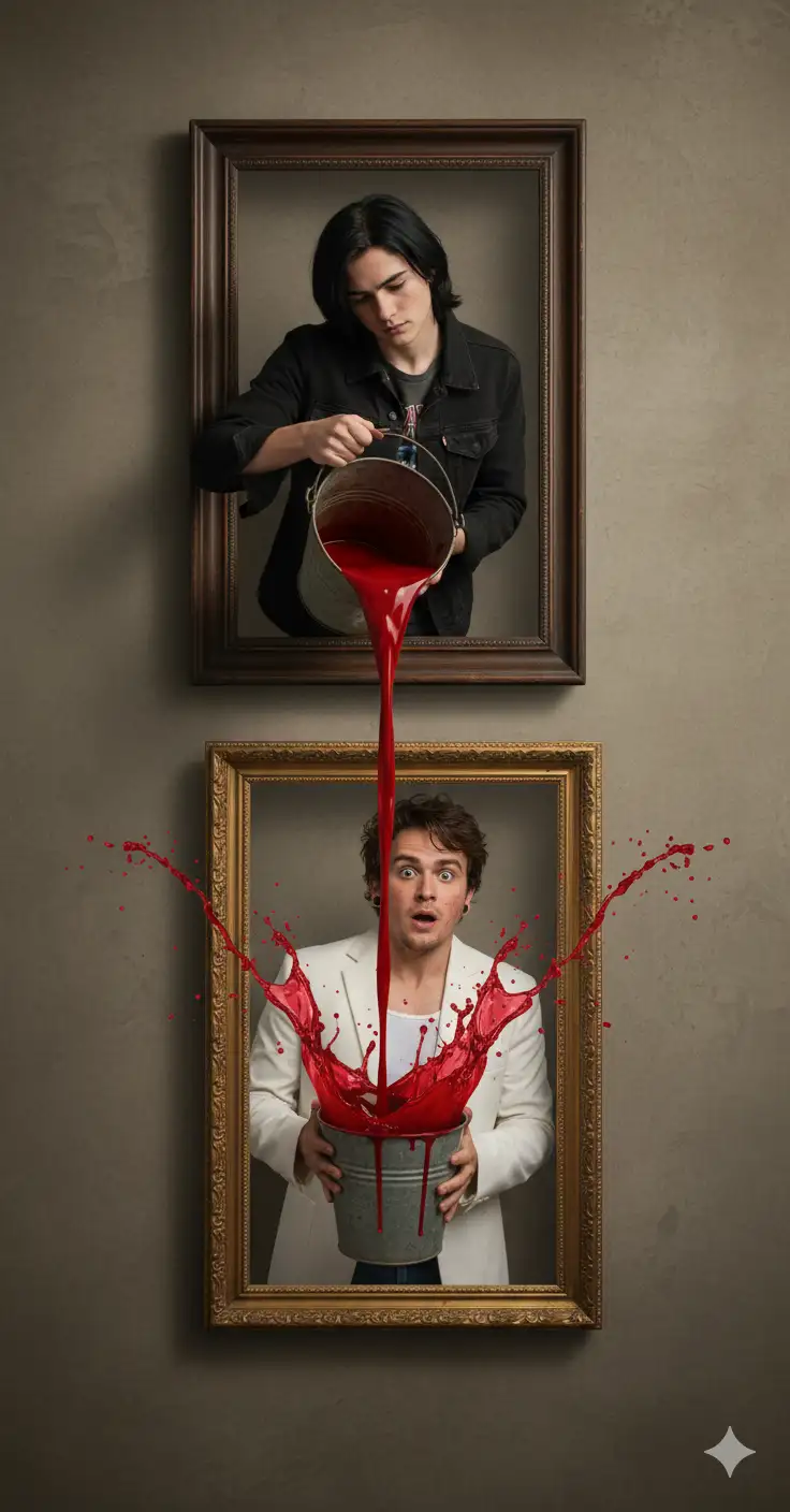 Based on my uploaded photo create a surreal, hyper-realistic artwork of two men interacting through picture frames on a wall. The man in the top frame, wearing a sea black jacket, is carefully pouring a bucket of vivid red liquid downward. The man in the bottom frame, wearing a white jacket, holds another bucket with a shocked and surprised expression as the liquid splashes wildly into it. The scene plays with perspective and illusion, making it appear as though the frames are portals connecting them. Dramatic lighting, sharp details, and cinematic composition emphasize the surreal, mind-bending nature of the artwork. Highly detailed, 8k, ultra-realistic, imaginative.