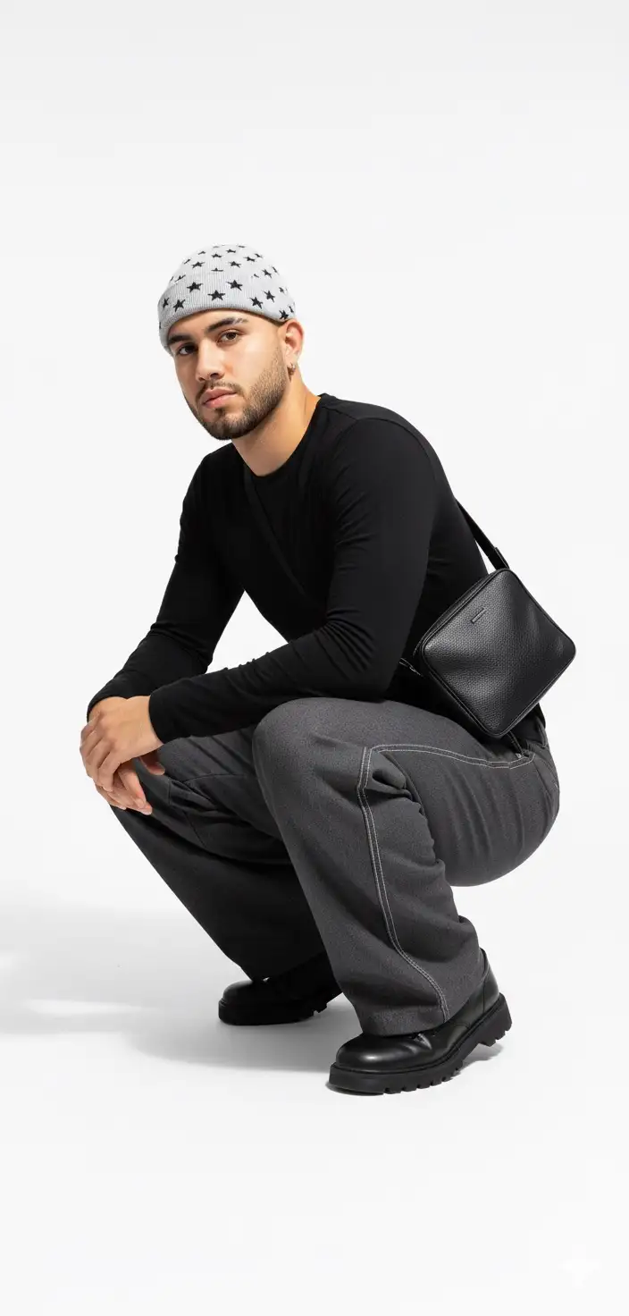Take A vertical 9:16 fashion poster layout featuring a young man wearing a fitted black long-sleeve shirt, wide-leg charcoal gray trousers with double-stitched seams, light gray beanie with black star pattern, chunky black leather shoes, black leather shoulder bag
The background is clean white,
Render in ultra HD, cinematic lighting, soft shadows. Editorial fashion magazine poster style. He’s squatting down in his knees. Don’t change face features