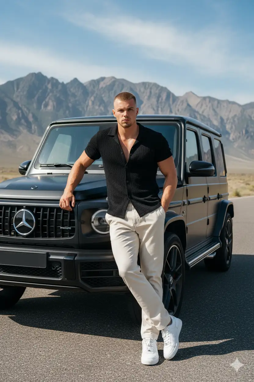 A hyper-realistic ultra-detailed 8K full-body portrait of a stylish young man (use reference face, muscular build, height 6'3) leaning casually against a luxurious matte black Mercedes G-Wagon SUV, parked on an open road with a dramatic mountain range and blue sky with scattered clouds in the background. The setting is outdoors in bright daylight, giving a cinematic and bold atmosphere. The man stands in a relaxed pose, his left arm resting casually on the car’s hood near the wheel while his right hand is slipped into his trouser pocket.
His posture is confident yet effortless, giving a composed, fashionable vibe. The angle is slightly low and full-body, with the man looking toward the camera side, adding direct engagement to the portrait. He is dressed in an all-black outfit: a textured black rolled up sleeves to his elbows button-up shirt with the top buttons left open for a casual, stylish look, paired with relaxed-fit creame trousers, he wears crisp white sneakers