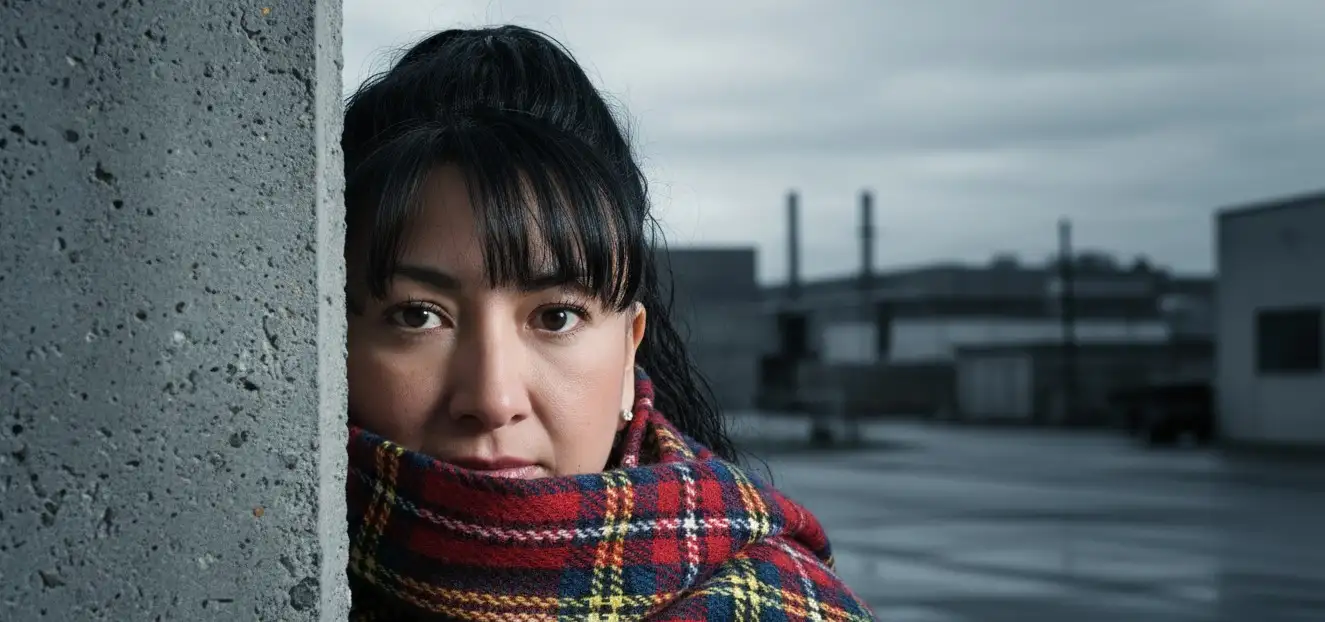 Crea una

imagen Hiperrealista con mis rasgos faciales idénticos Tiene una bufanda de cuadros (tartán) con colores rojo, azul, amarillo y blanco envuelta alrededor de su cuello.

Su rostro está en el centro de la atención, con una mirada intensa y los ojos bien abiertos.

Está parcialmente oculta detrás de una esquina o pared gris en primer plano, lo que le da una sensación de intriga o que se está escondiendo.

El fondo está desenfocado y parece ser un entorno urbano o industrial con tonos grises y blancos, lo que contribuye a una atmósfera fría y posiblemente tensa.