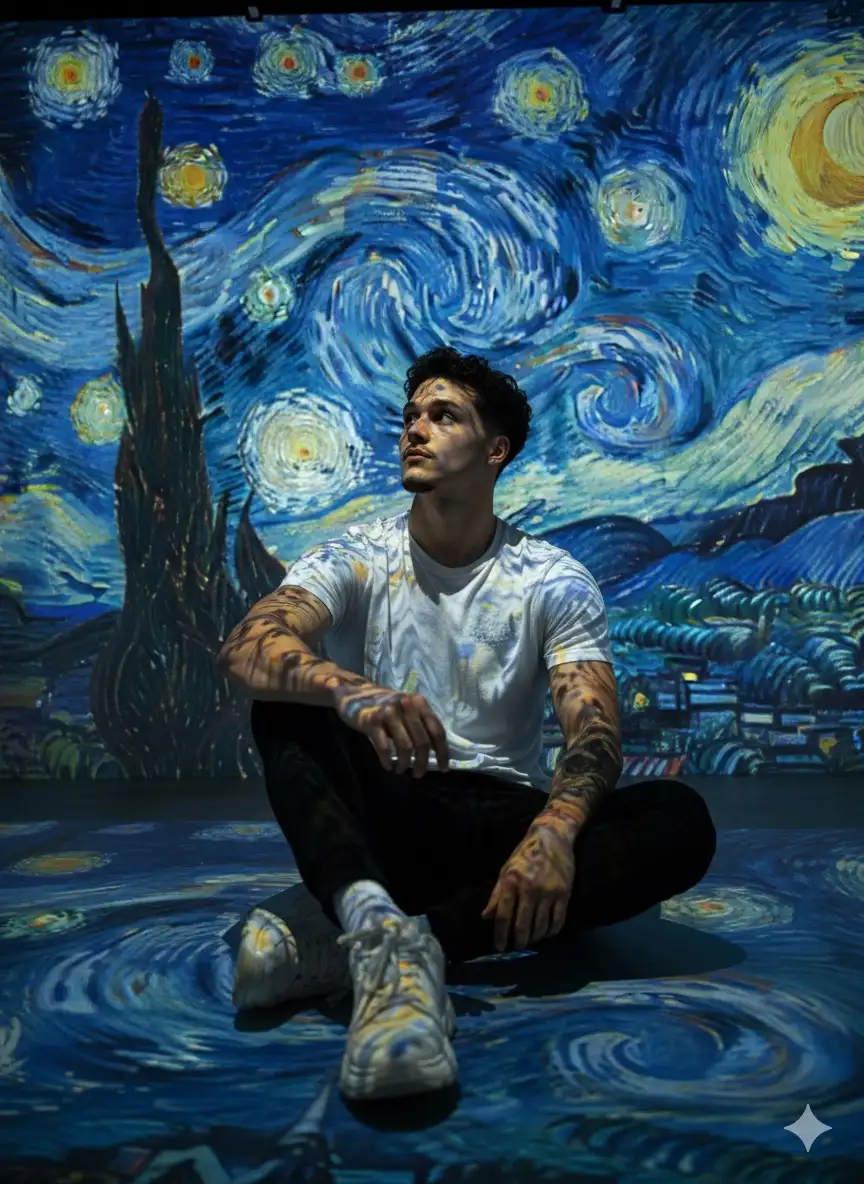 Hyperrealistic atmospheric portrait in a fully immersive art exhibition. Using the reference image as a STRICT AND NON-NEGOTIABLE source, preserve the EXACT likeness, facial structure, body proportions, and natural hair of the person.
The subject sits on the floor, legs crossed at the ankles, looking up and slightly to the left with a contemplative expression. They wear a plain white short-sleeve t-shirt, slim black jogger pants, and off-white bulky chunky sneakers.
The entire environment is a projection of Vincent van Gogh's "The Starry Night". The iconic swirling patterns, stars, and bold brushstrokes are mapped dynamically across every surface—not just the walls and floor, but also directly onto the subject's skin, hair, and clothing. The white t-shirt acts as a perfect canvas, making the yellow stars and blue swirls appear especially bright and vivid.
The projected art is the sole light source, creating a dramatic, dimly lit scene where the subject appears to be woven into the fabric of the masterpiece itself. The mood is awe-inspiring and surreal.
immersive art, projected light, Van Gogh, The Starry Night, atmospheric, hyperrealistic, body projection mapping, surreal, integrated art, dramatic lighting --ar 2:3
