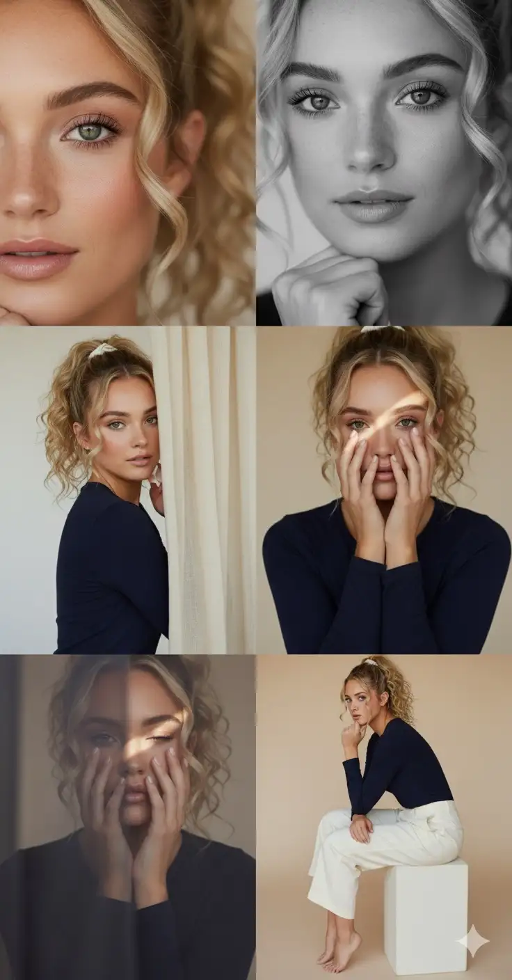 Editorial 3x3 photo grid in a clean soft beige studio. Character (matches reference 100%)
wearing lightweight dark navy shirt, ivory trousers, barefoot for raw simplicity. Lighting: large diffused key light directly front-right, silver reflector left, subtle rim from top. Shots to include:
(1) extreme close-up of lips + cheekbone with blurred hand partially covering (85mm, f/1.8, razor-thin DOF);
(2) tight crop on eyes looking into lens with reflection of light strip visible (85mm, f/2.0);
(3) black & white close portrait resting chin on fist, face filling frame (50mm, f/2.2);
(4) over-shoulder shot, blurred foreground fabric curtain framing half face (85mm, f/2.0);
(5) very close frontal with hands overlapping face, light streak across eyes (50mm, f/2.5);
(6) tight angled portrait showing hair falling into eyes, soft-focus background (85mm, t/2.2);
(7) crop of hands touching jawline, eyes cropped out (50mm, f/3.2, detail-focused);
(8) half-body seated sideways on low cube, head turned sharply away, blurred foreground (35mm, f/ 4.5);
(9) intense close-up of profile with single tear-like water droplet, cinematic light slice across (85mm, f/ 1.9).
Angles: mostly tight headshots with slight high/low tilts, maintaining variation. Capture RAW, professional muted grade, smooth tonal contrast, subtle cinematic grain. Mood: intimate, introspective, character-led editorial minimalism with delicate use of fabric as prop."