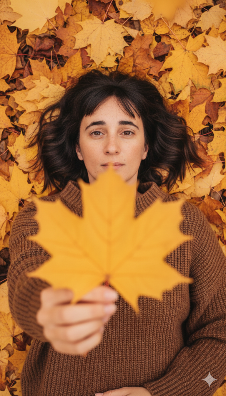 Crea una foto con esta Mujer. No cambies la cara y manten sus rasgos y expresiones faciales. Está recostada sobre un suelo cubierto de hojas otoñales en tonos cálidos (amarillo, naranja, dorado). Su cabello oscuro y ondulado se esparce por el suelo de hojas. Ella sostiene una hoja de arce amarilla frente a la cámara, que está en primer plano y desenfocando parcialmente su rostro. No tapa su rostro. Viste un suéter marrón muy olgado. Estilo fotográfico cálido, natural, con bokeh suave y atmósfera acogedora de otoño. La foto está tomada desde arriba hacia abajo.