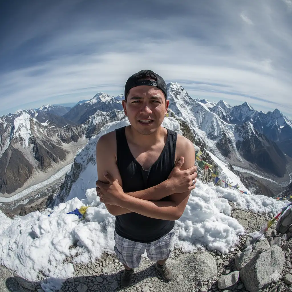 "Fotografía hiperrealista y de alto detalle de un hombre en la cumbre del Monte Everest, la montaña más alta del mundo. El hombre viste solo una camiseta de tirantes y pantalones cortos (ropa no abrigadora), con los brazos cruzados y una expresión de tener mucho frío. El encuadre es amplio para mostrar el vasto paisaje montañoso nevado bajo un cielo azul. Mantener el rostro del hombre exactamente idéntico al de la imagen base proporcionada. Perspectiva normal (sin efecto de ojo de pez)."