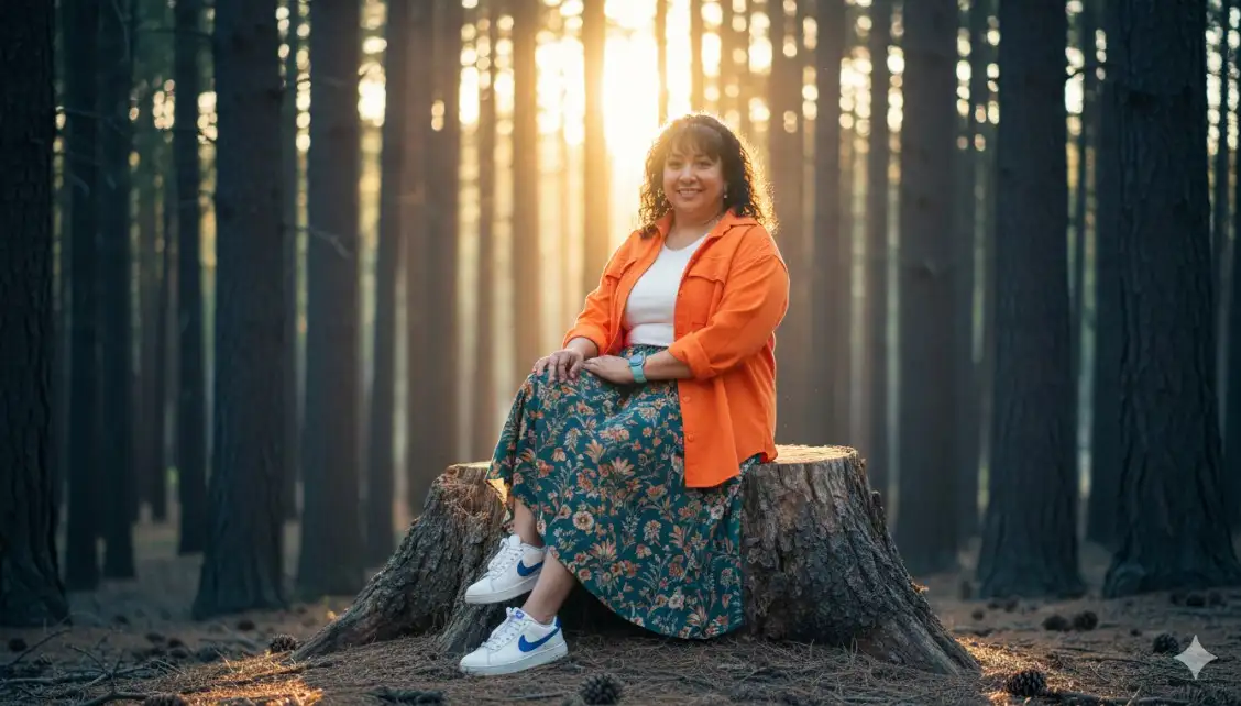 respetar la imagen de la foto/La persona de la imagen de referencia], está sentada sobre un tocón de árbol grande. Mantiene una postura relajada y mira directamente a la cámara Su vestimenta combina tonos vibrantes con estampados sutiles: una camisa oversize o chaqueta ligera de un color naranja brillante que sirve como el punto focal de color, una camiseta interior (top) blanca de cuello redondo, una falda larga o midi con un estampado floral o de hojas en tonos verde azulado oscuro y ocre, y zapatillas deportivas blancas con el logo (swoosh) en azul. Lleva un reloj inteligente con correa azul claro o gris en su muñeca izquierda. La escena se desarrolla en un bosque de pinos o coníferas, sugerido por los troncos rectos y oscuros en el fondo y las piñas y agujas en el suelo. El fondo de árboles crea una matriz vertical de tonos oscuros y fríos (azules/grises), contrastando con la calidez del primer plano. La luz es la característica más impactante; se trata de una luz de atardecer o amanecer (golden hour) que se filtra intensamente a través de los árboles, creando potentes rayos de sol (god rays) y un halo de luz cálida alrededor. Esta iluminación de contraluz hace que la escena sea muy cinematográfica y etérea. Se utiliza una poca profundidad de campo (bokeh), desenfocando suavemente el fondo para que el sujeto y el tocón de árbol resalten con claridad.
