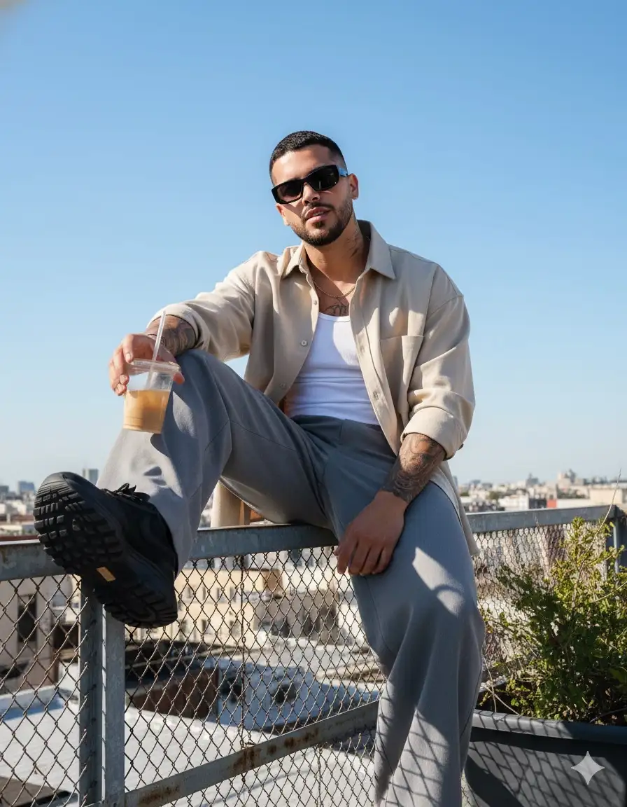 Insert the photo I uploaded into the prompt below
full-body shot of a stylish young man sitting casually on top of a metal fence, legs relaxed forward, one shoe closer to the camera lens, holding a drink cup with a straw in his hand, black hair, wearing dark sunglasses, oversized light beige shirt with rolled-up sleeves, loose gray wide-leg pants, and black chunky sneakers, bright daylight with clear blue sky, subtle greenery on the side, urban rooftop environment, low-angle perspective photography, professional DSLR, realistic fashion editorial style, sharp textures on clothing and metal fence, cinematic urban street fashion aesthetic --ar 9:16 --v 6 --style raw --q 2 --s 1000 --hd