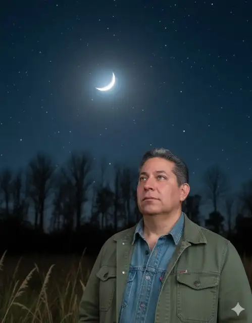 Retrato fotográfico hiperrealista de una persona de pie al aire libre por la noche, mirando hacia un cielo lleno de estrellas.
Usando la imagen de referencia como una fuente ESTRICTA, preserve la imagen EXACTA de la persona, incluyendo rasgos faciales, textura del cabello, tono de piel, ropa y postura. No estilice ni reinterprete al sujeto. Conserve todas las imperfecciones naturales (textura de la piel, pecas, asimetrías, cabellos sueltos y pliegues de la tela) para honrar su apariencia auténtica.
La persona está suavemente iluminada por la luz de la luna o la iluminación nocturna ambiental, vistiendo ropa de abrigo en capas: una chaqueta de mezclilla debajo de una chaqueta de lona verde salvia. Su expresión es contemplativa, con los ojos cerrados o ligeramente levantados hacia el cielo. El fondo presenta un cielo nocturno azul profundo lleno de innumerables estrellas y una luna brillante, con siluetas de árboles que bordean el horizonte. Las hierbas altas y las plantas silvestres en primer plano están suavemente iluminadas, agregando profundidad y textura.
La composición es vertical (relación de aspecto 3:4), encuadre de primer plano medio, con el sujeto descentrado a la derecha. La iluminación es natural y atmosférica, proyectando sombras suaves y resaltando las texturas de la piel, el cabello y la ropa. La imagen debe evocar temas de introspección, asombro cósmico y una conexión serena con la naturaleza.