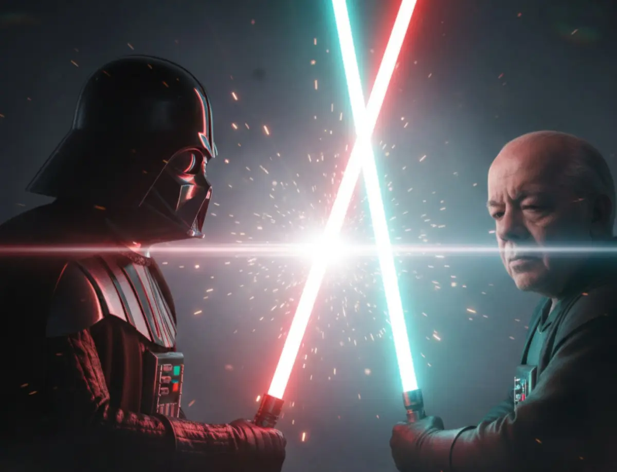 Crea una imagen cinematográfica e hiperrealista con las siguientes características:
La imagen muestra una intensa escena de duelo de sables de luz, muy probablemente de la franquicia Star Wars, entre dos figuras silueteadas.
En el lado izquierdo, la silueta oscura y masiva de Darth Vader se recorta contra la luz. Se le identifica por su icónico casco y armadura, aunque los detalles son mínimos debido a la iluminación. Sostiene un sable de luz de color rojo carmesí brillante, que se extiende hacia el centro de la imagen.
En el lado derecho, una figura cuyos rasgos corresponden a la imagen adjunta, también está silueteada pero con un halo cian.
Este personaje tiene su mirada dirigida directamente a Darth vader, concentrado en el enfrentamiento que están manteniendo. Su postura sugiere que está empuñando un sable de luz. Su sable de luz es de un vibrante color cian, que también se extiende hacia el centro de la imagen.
Los dos sables de luz chocan en el punto medio de la imagen, creando un destello brillante y blanco que irradia luz en todas direcciones. La luz del sable de luz de Vader proyecta un brillo rojizo sobre él y el entorno, mientras que el sable de luz de la otra figura ilumina la escena con un resplandor azul brillante.
El fondo es oscuro y nebuloso, con trazas de humo o atmósfera que se iluminan con los colores de los sables de luz. La composición enfatiza el choque de poderes y el momento dramático del enfrentamiento. Hay un efecto de destello de lente horizontal visible, especialmente en el sable de luz azul, que añade un toque cinematográfico.
Crea la imagen manteniendo completamente íntegros todos los rasgos físicos y corporales del rostro de la foto adjunta.